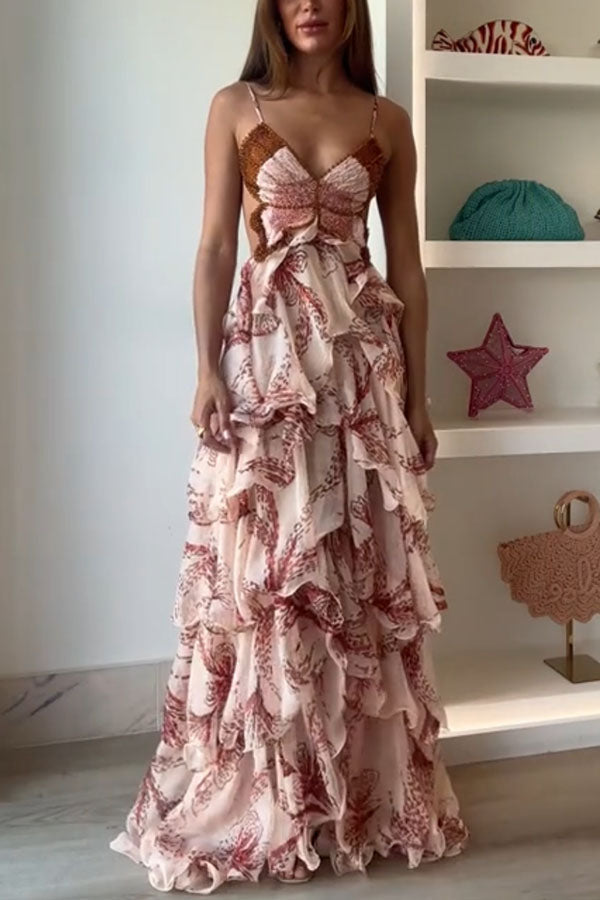 Ariae™ | Butterfly Print Ruffled Backless Tie-Up Maxi Dress
