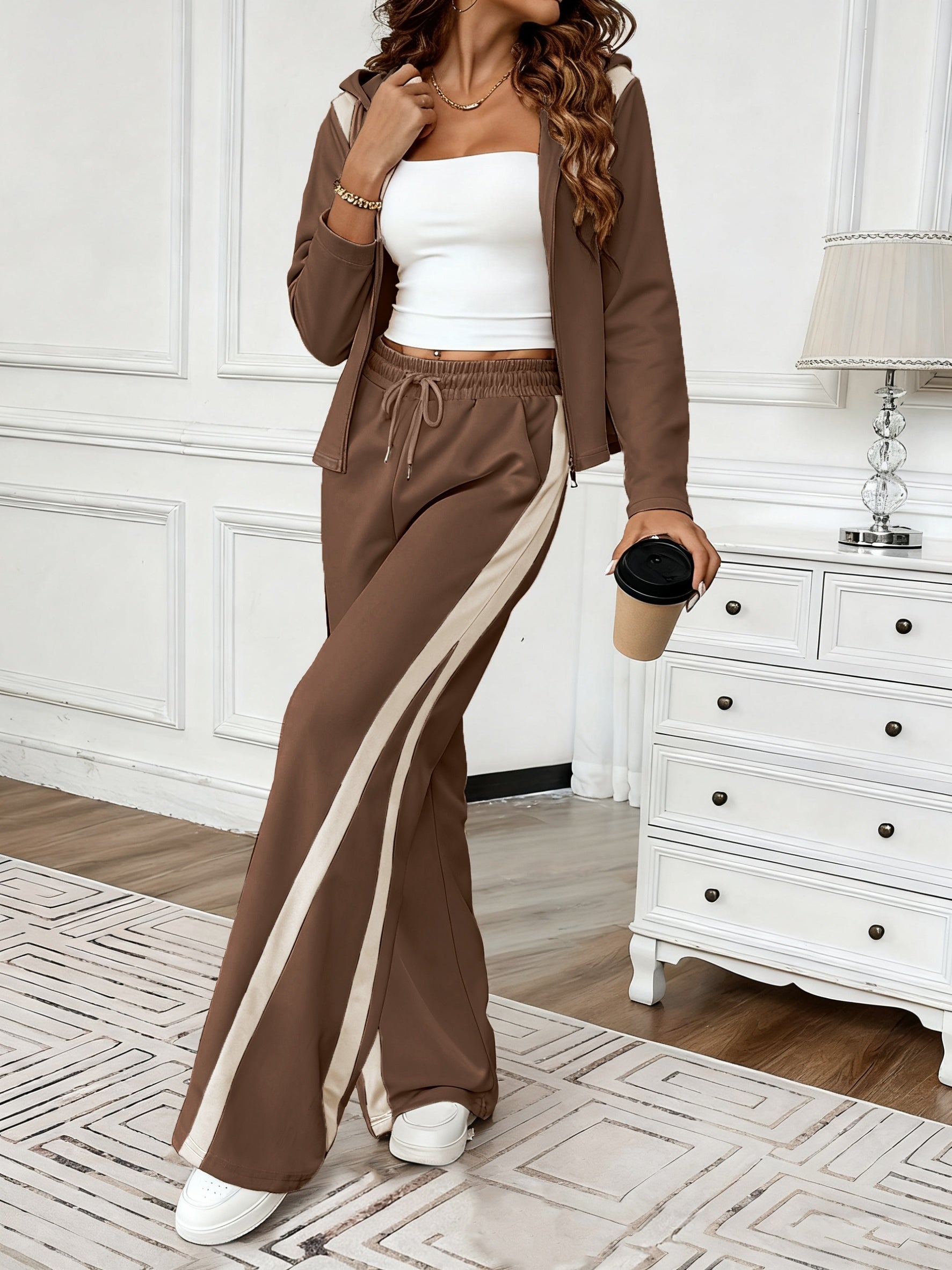BrownaLuxe™ | Color-Block Zip Hoodie & Straight-Leg Pants Set