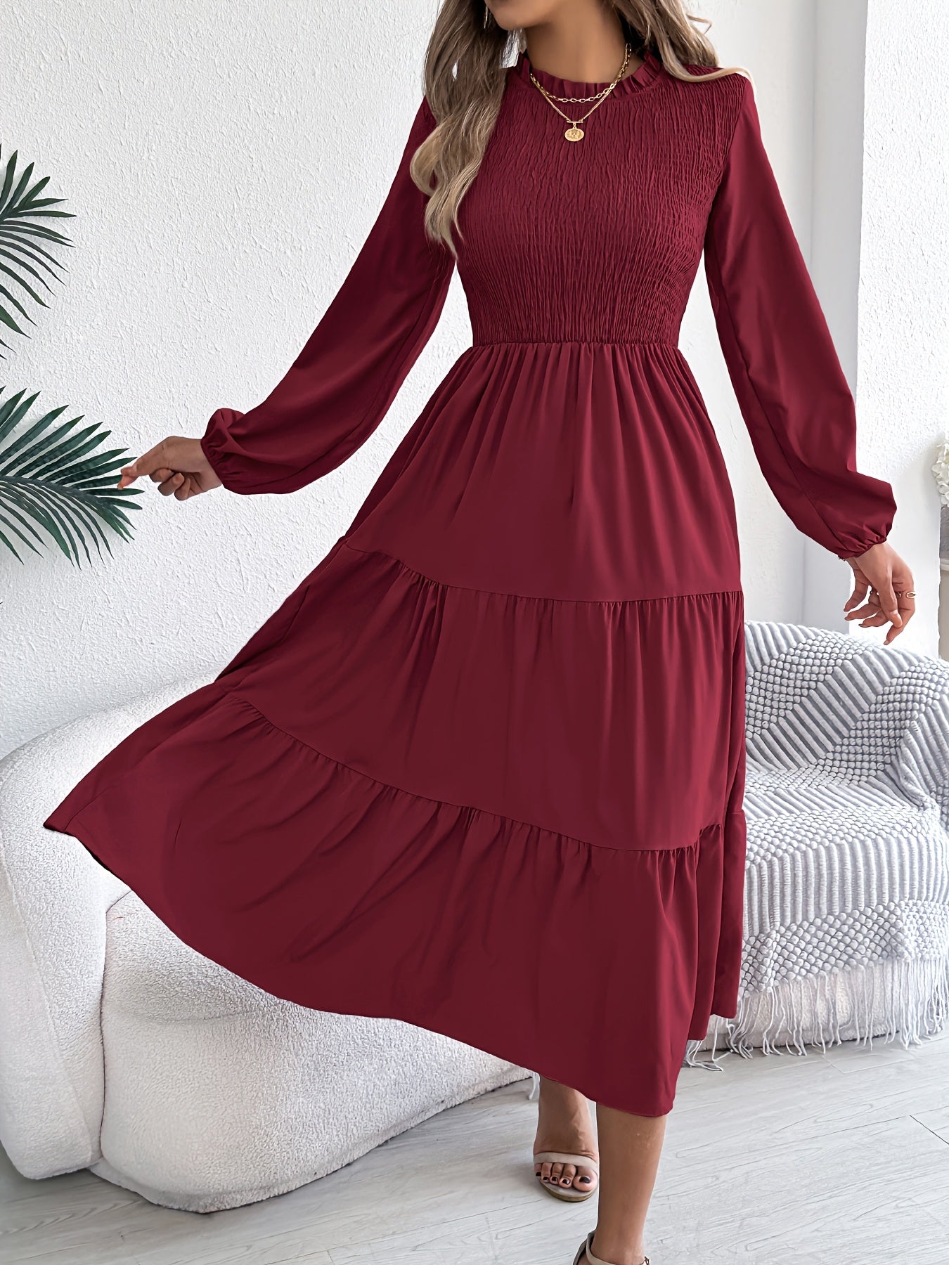 Lantera™ | Waist-Cinched Lantern Sleeve Ruffle Maxi Dress