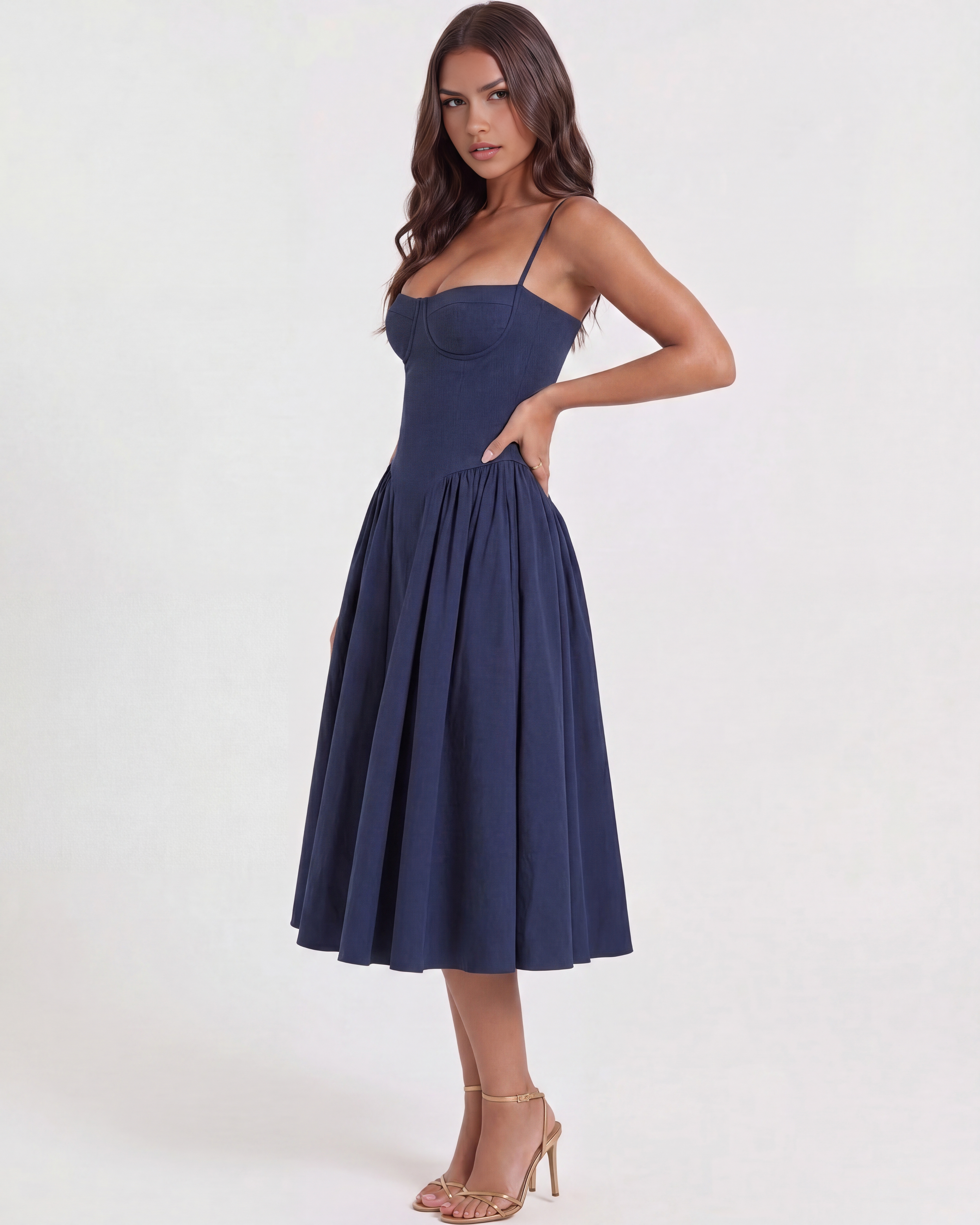 Francesca Navy Blue Midi Dress with Sweetheart Neckline and Hidden Pockets