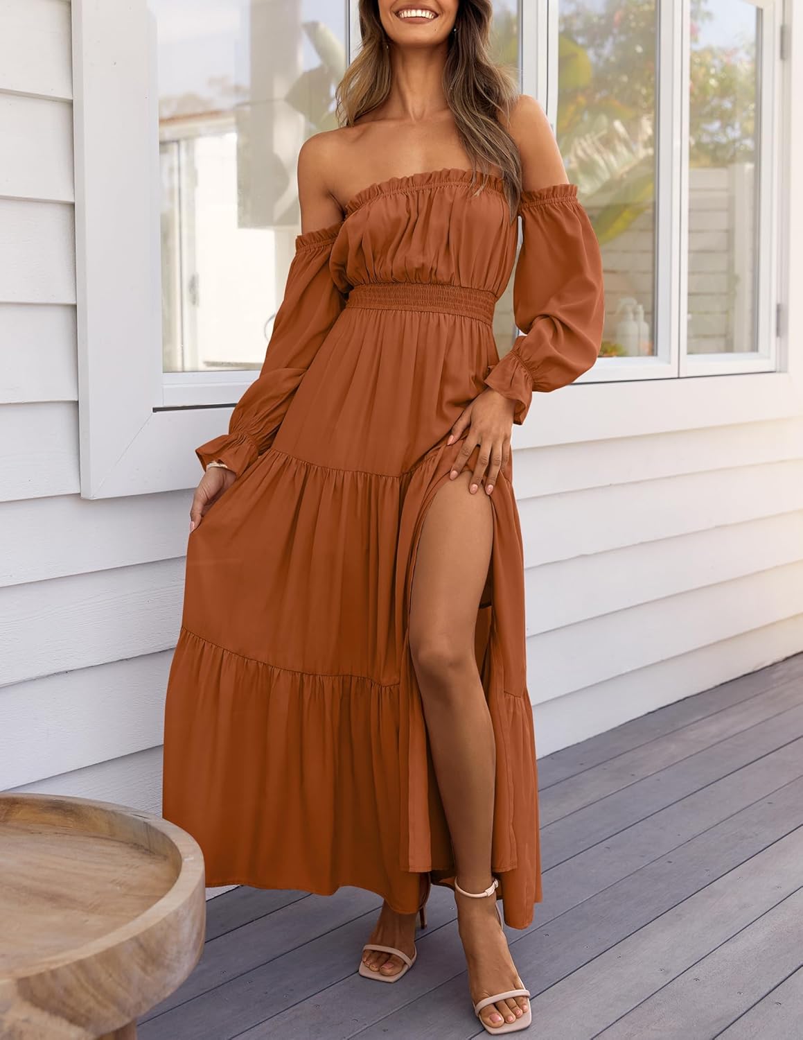 Zesica™ | Off-Shoulder Smocked High-Waist Maxi Dress
