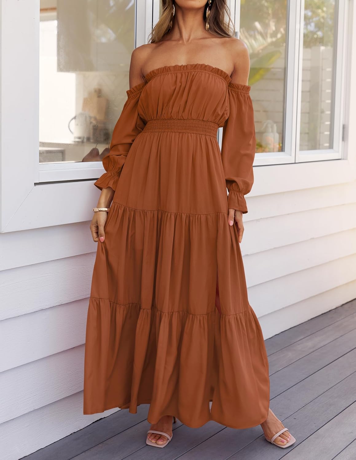 Zesica™ | Off-Shoulder Smocked High-Waist Maxi Dress