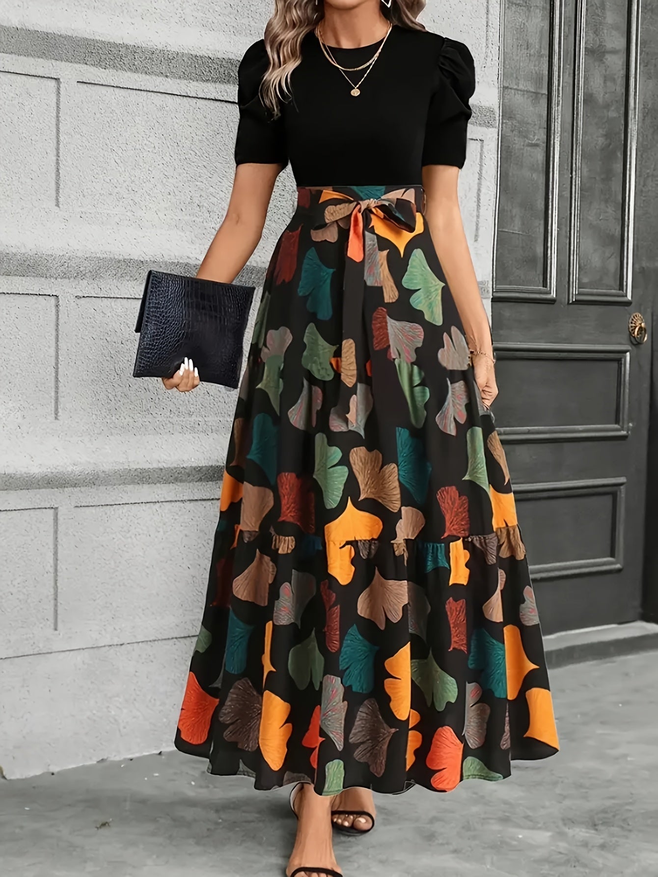 GeoBelle™ | Puff-Sleeve A-Line Geometric Midi Dress
