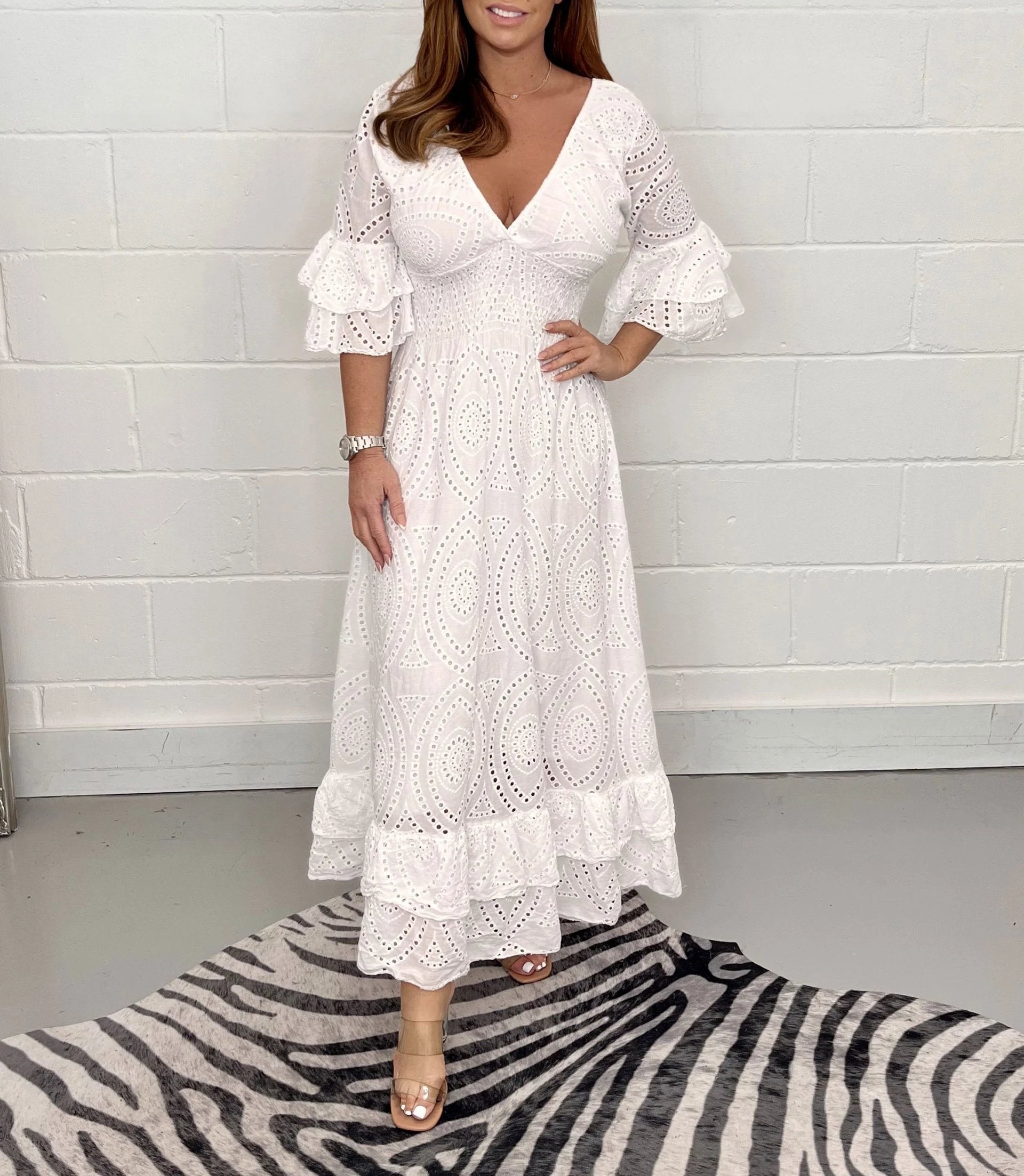 Evelora™ | Anglaise Frill Sleeve Midi Dress