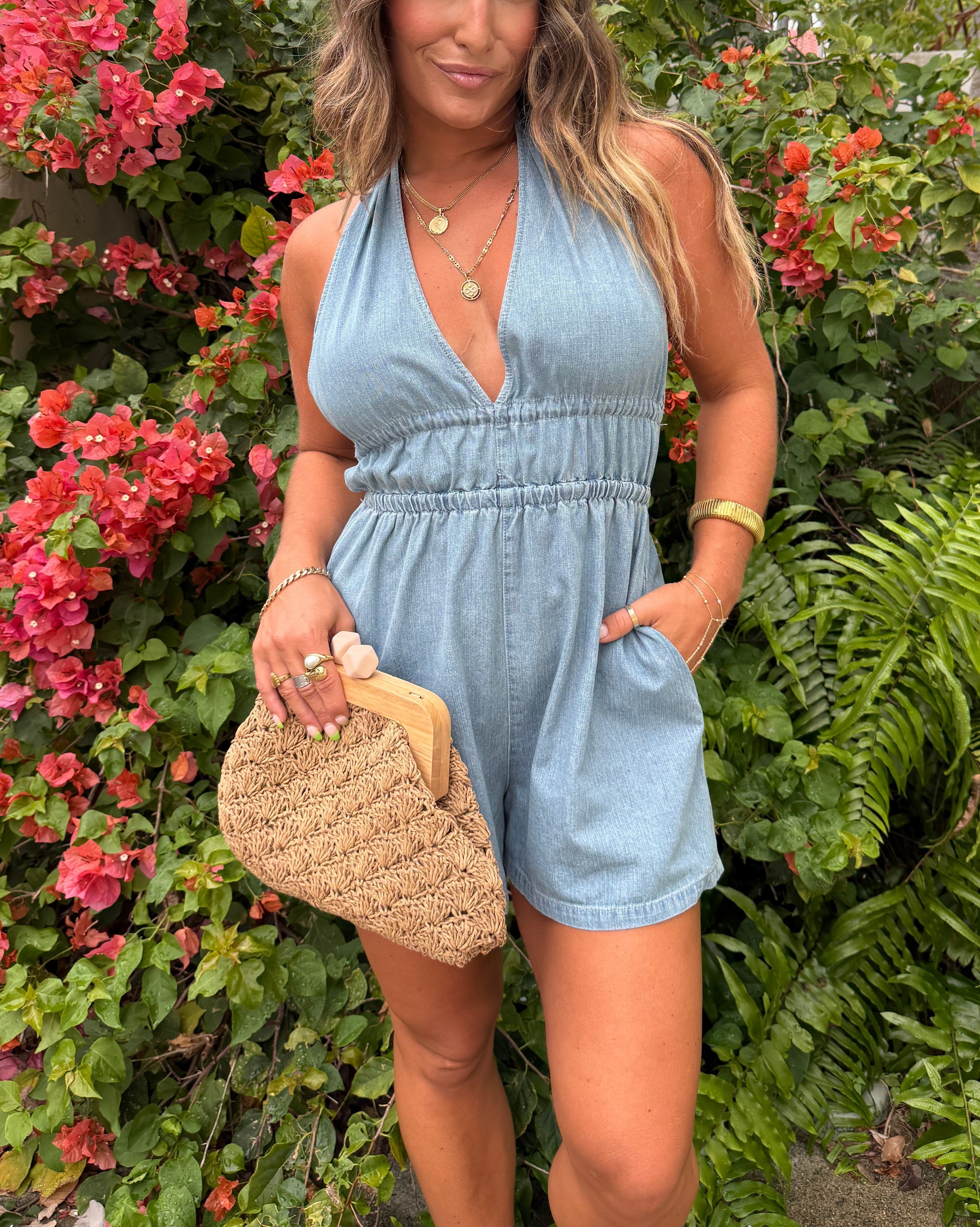 Riviera™ | Adjustable Back-Tie Halter Denim Romper