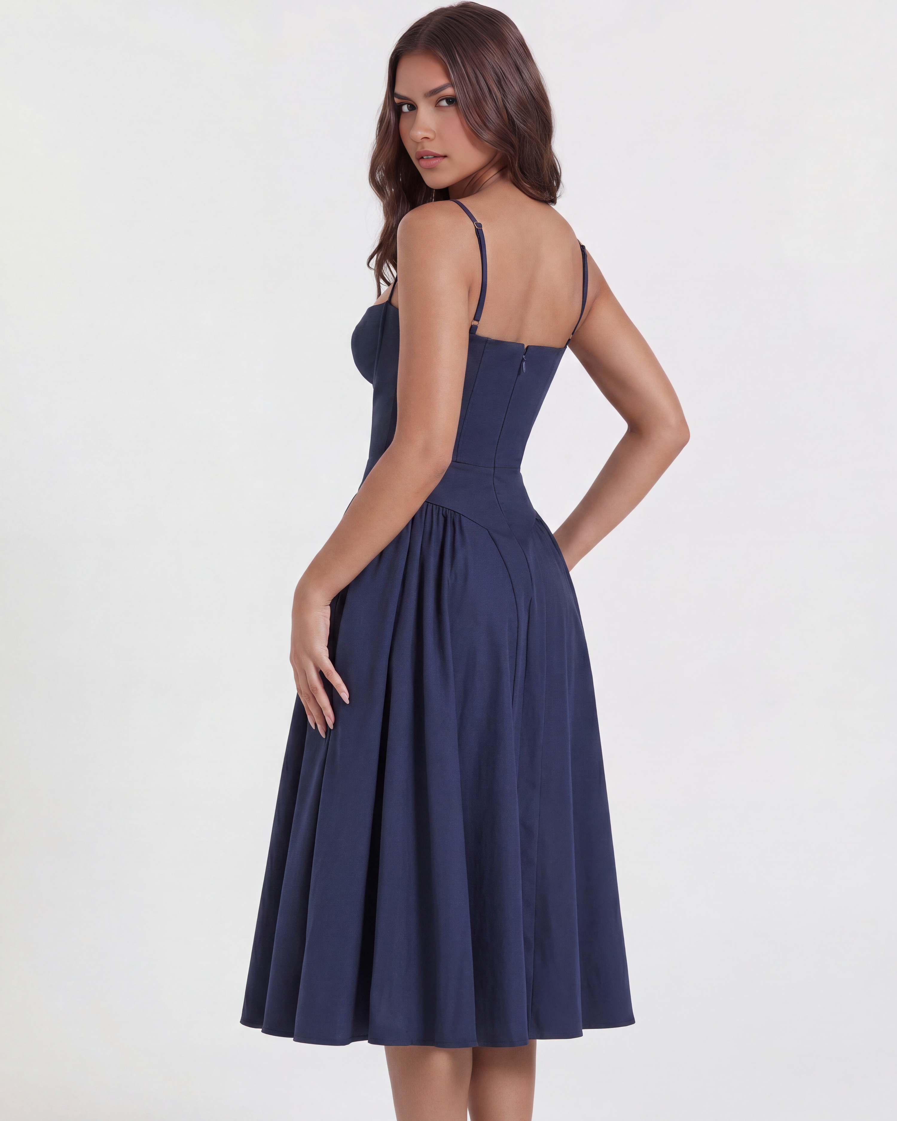 Francesca Navy Blue Midi Dress with Sweetheart Neckline and Hidden Pockets