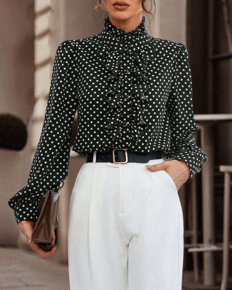 EloraDotte™ | High-Neck Polka-Dot Blouse with Ruffle Trim