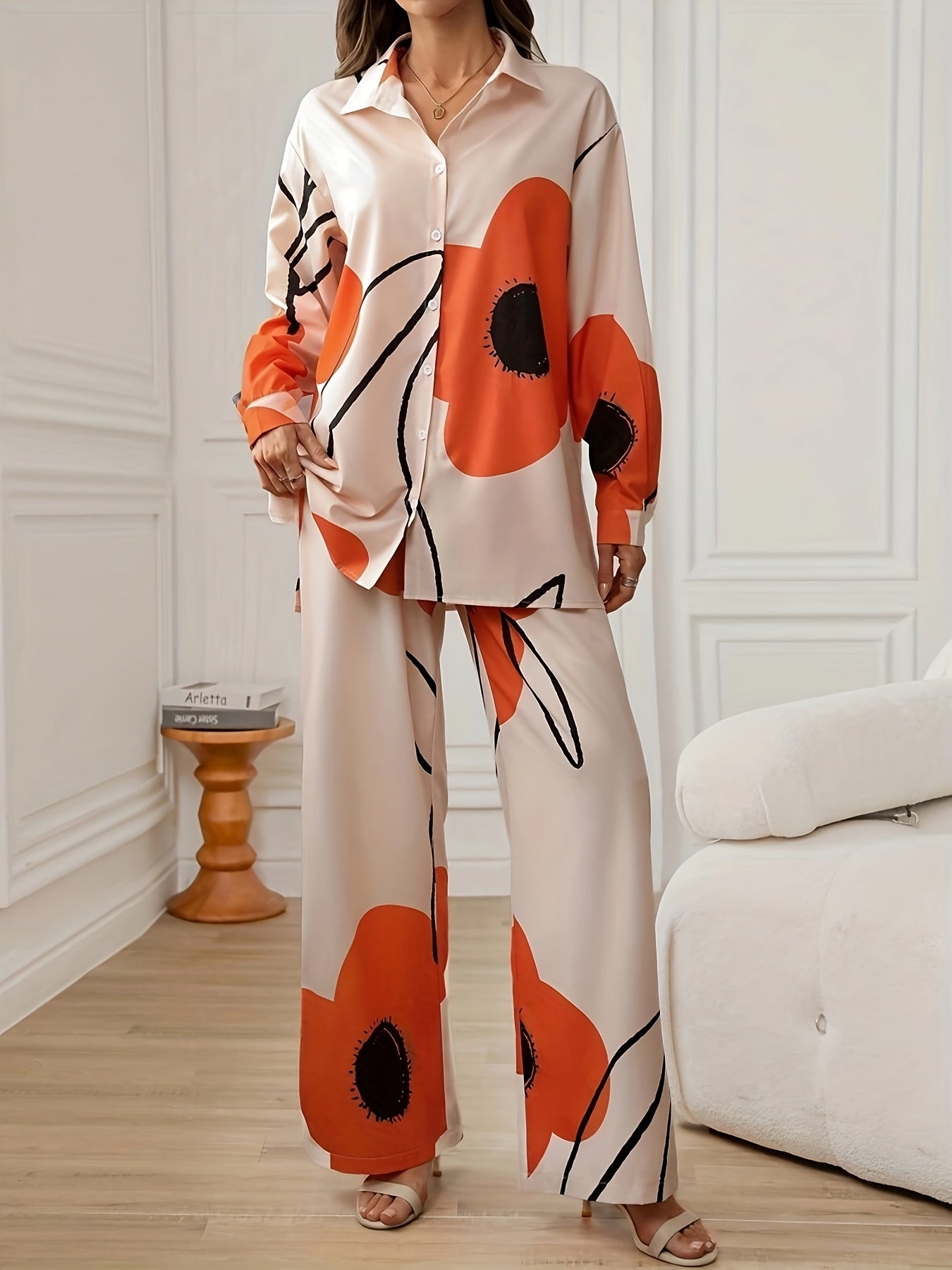 FloriLuxe™ | Floral Long-Sleeve Shirt & Wide-Leg Pants Set