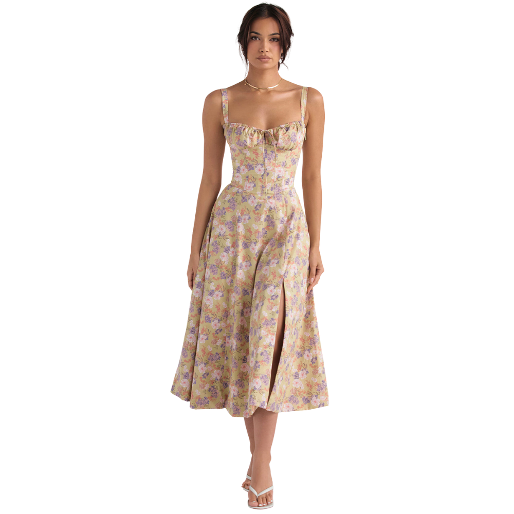 Marvessa™ | Floral Bustier Waist-Sculpt Midi Dress