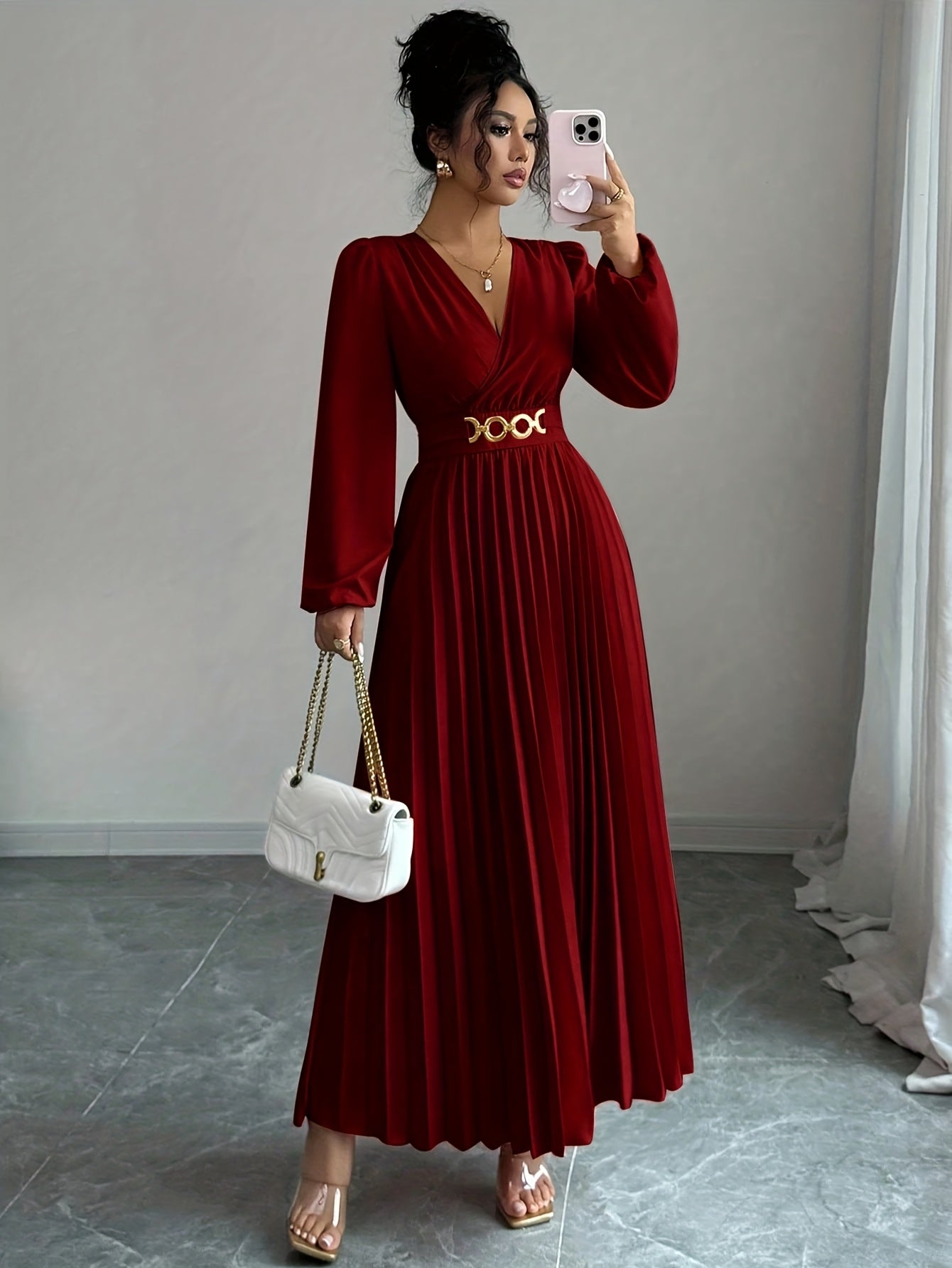 Vellamira™ | Metallic V-Neck Puff-Sleeve Evening Gown