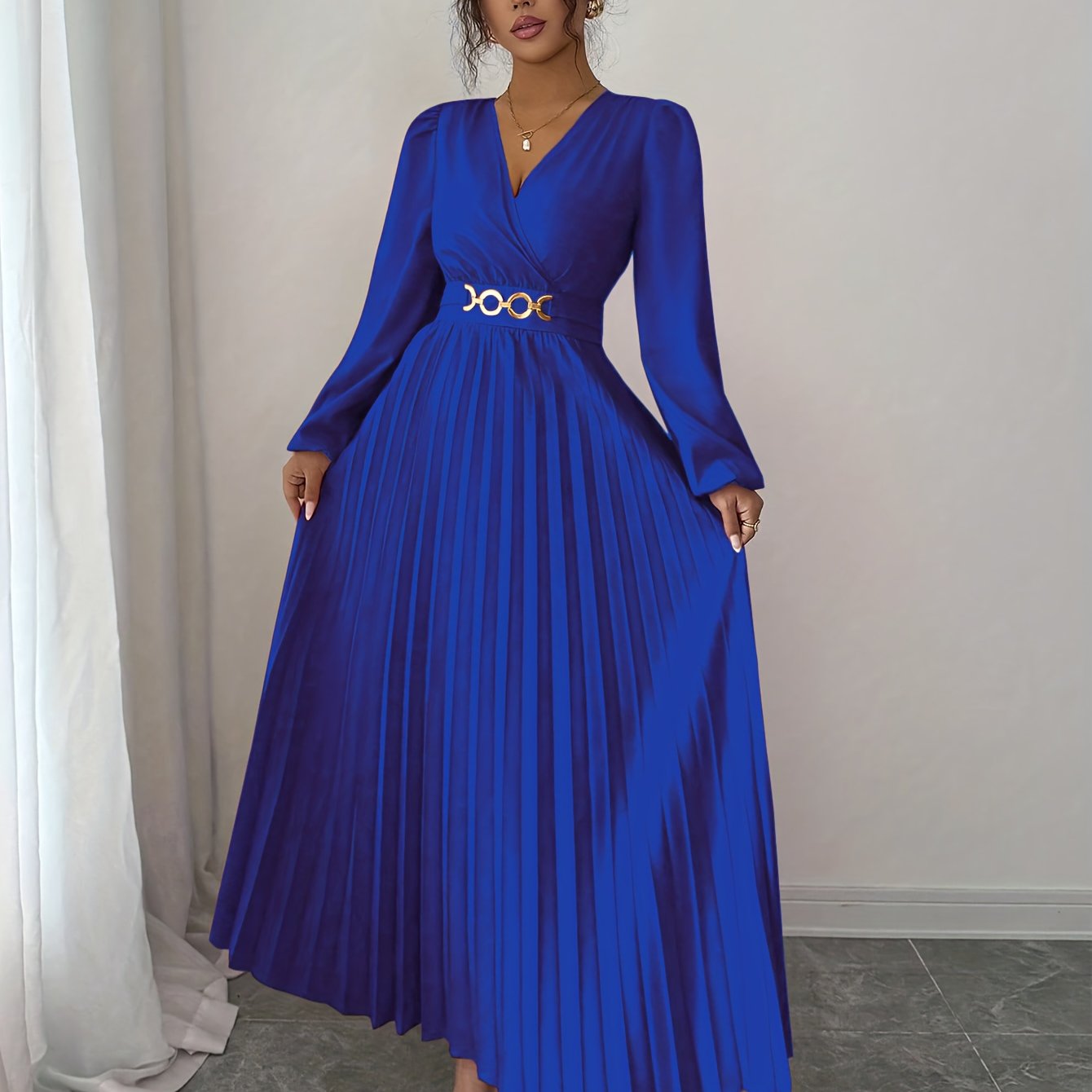 Vellamira™ | Metallic V-Neck Puff-Sleeve Evening Gown