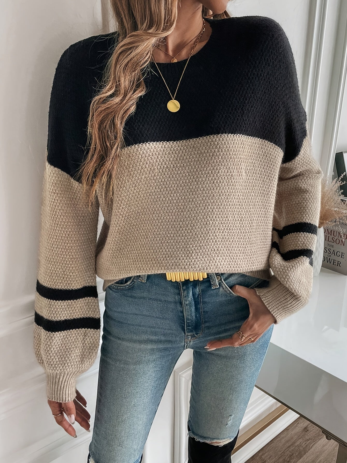Casual Two-Tone Drop Shoulder Sweater