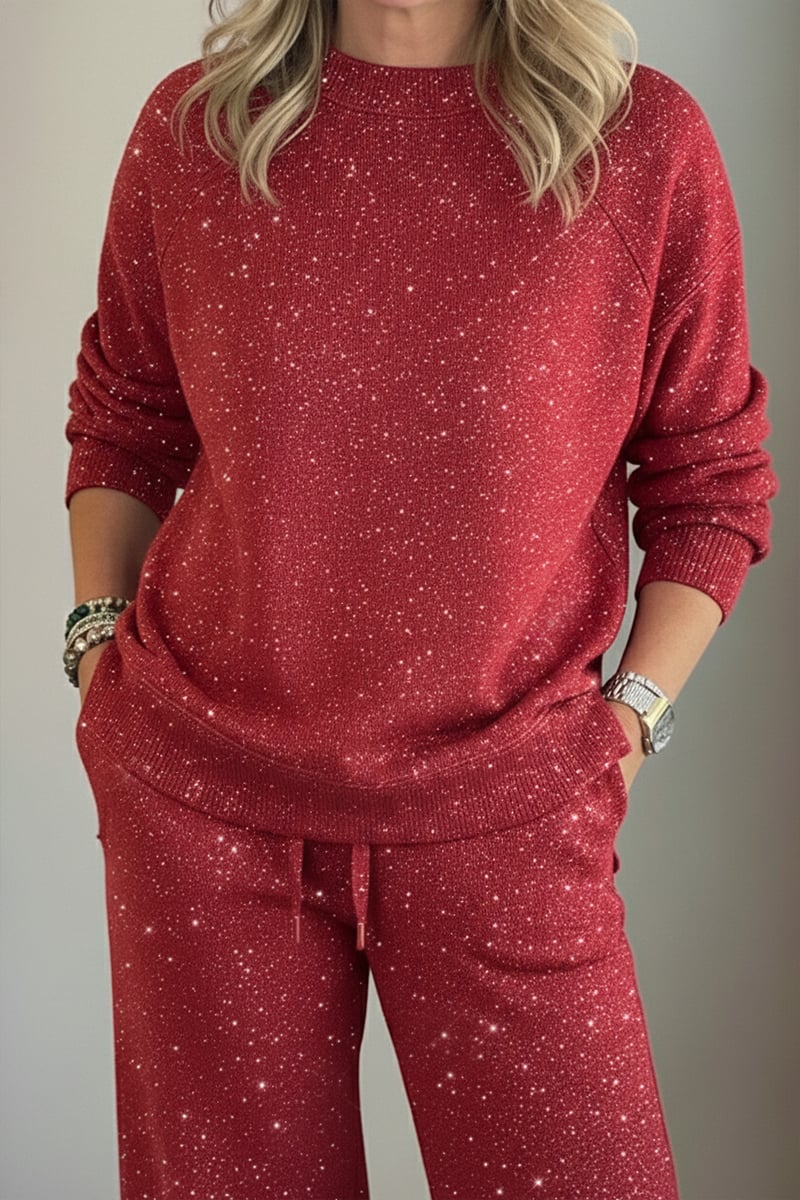 Viviana™ | Shimmer Round-Neck Solid-Color Casual Set