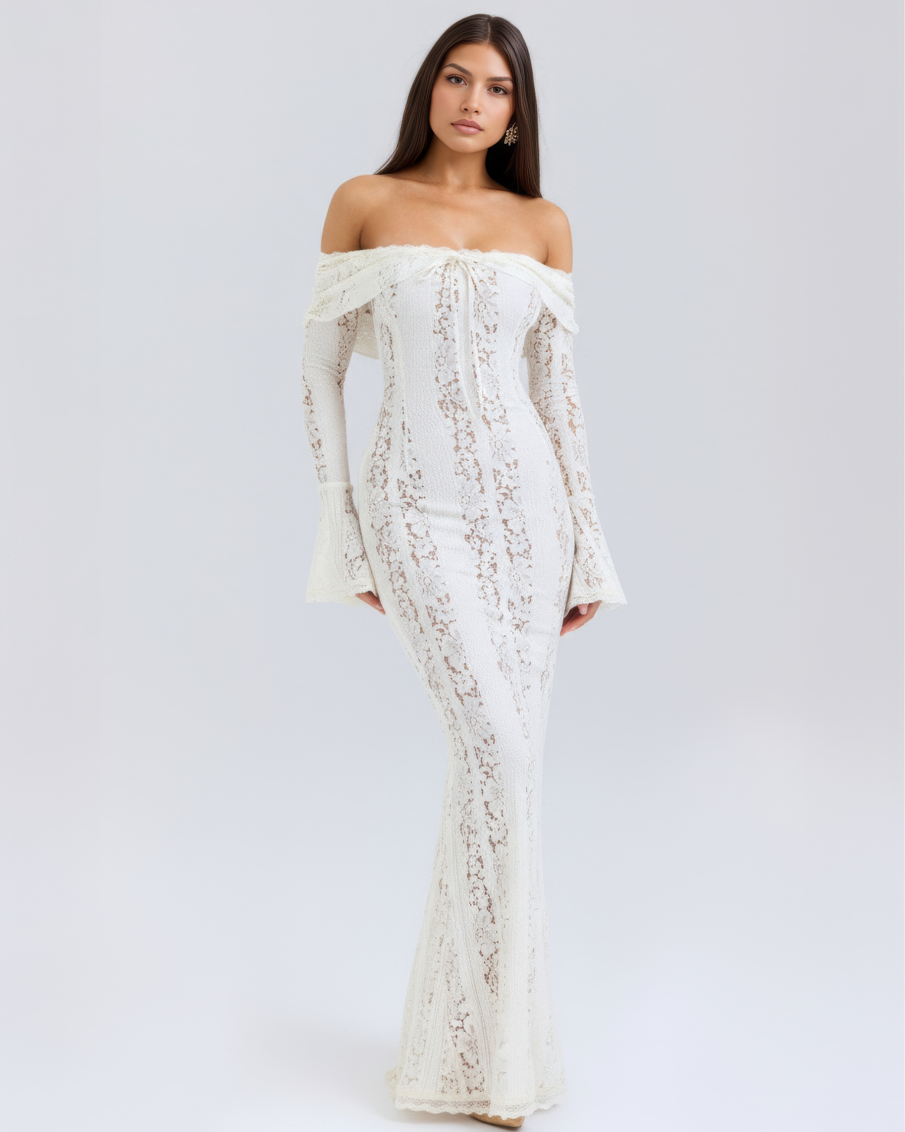 Alessandra White Lace Maxi Dress with Off-Shoulder Neckline & Sweeping Godet