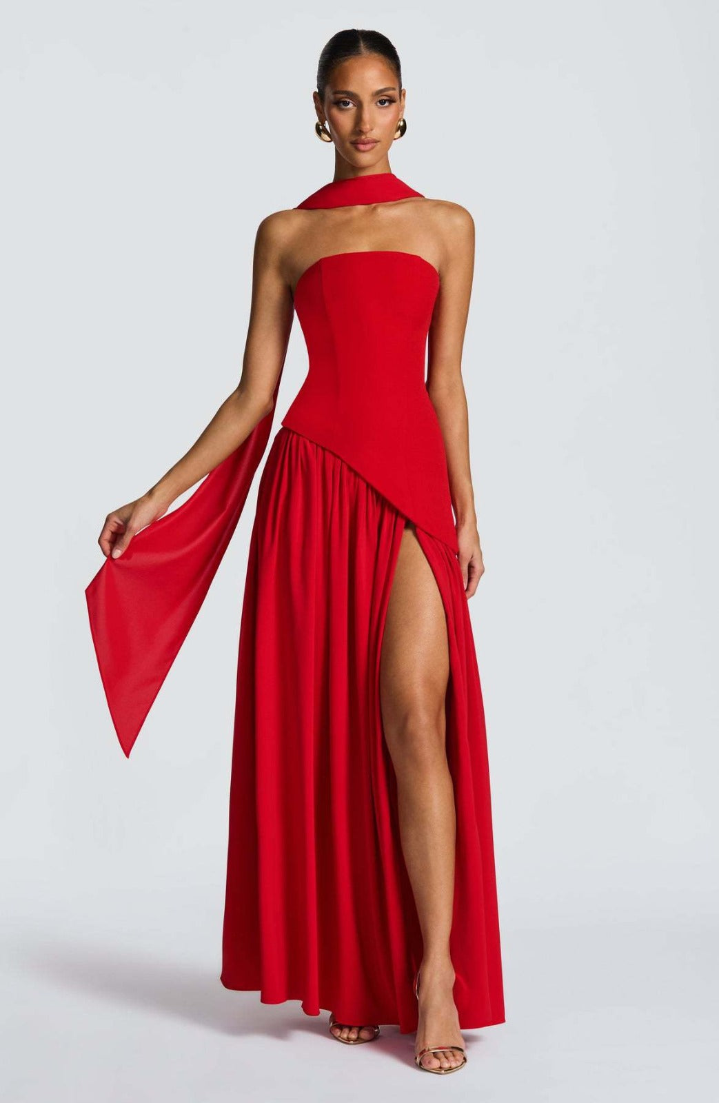 Strapless Long Dress with Ribbon Detail & Front Slit