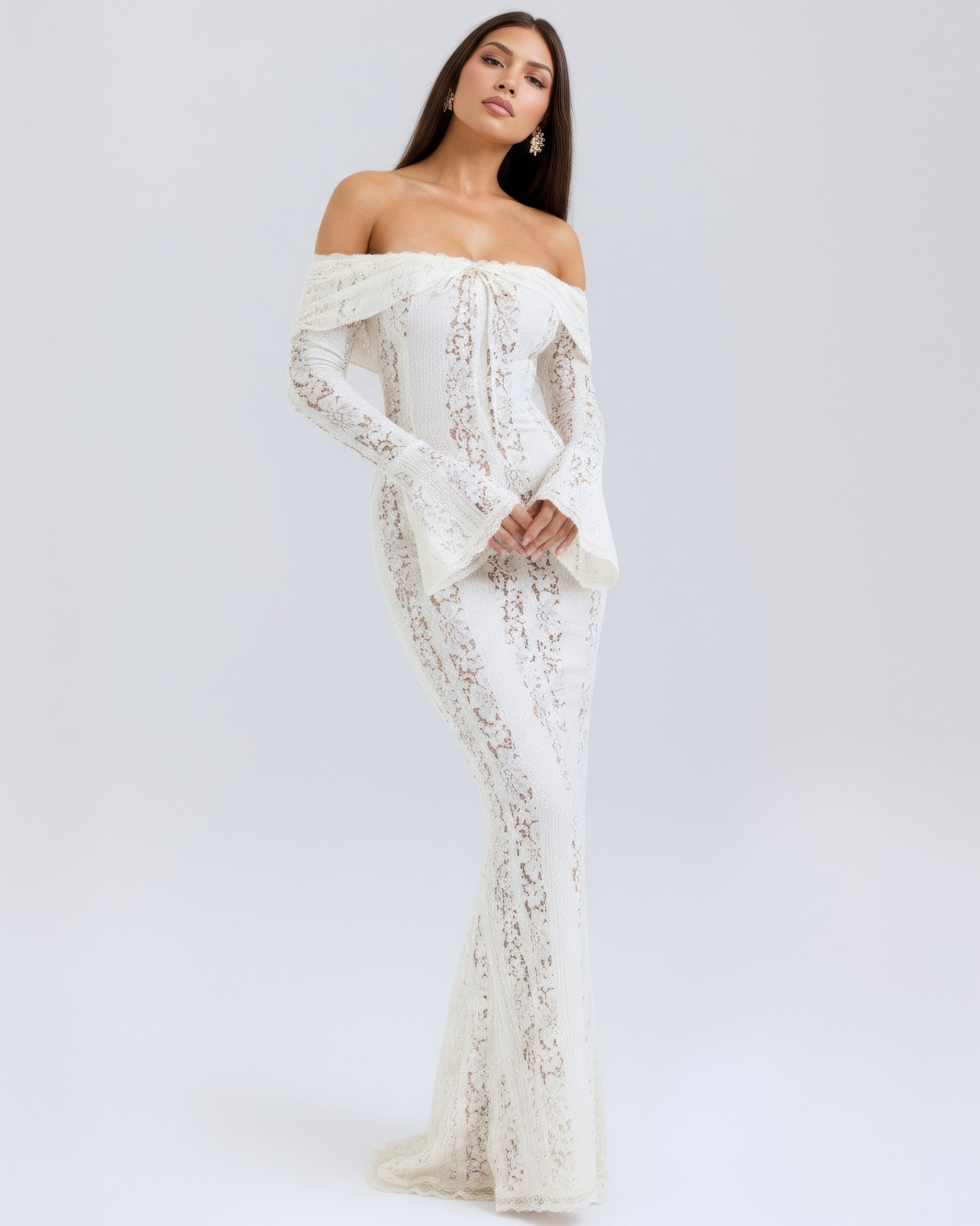 Alessandra White Lace Maxi Dress with Off-Shoulder Neckline & Sweeping Godet