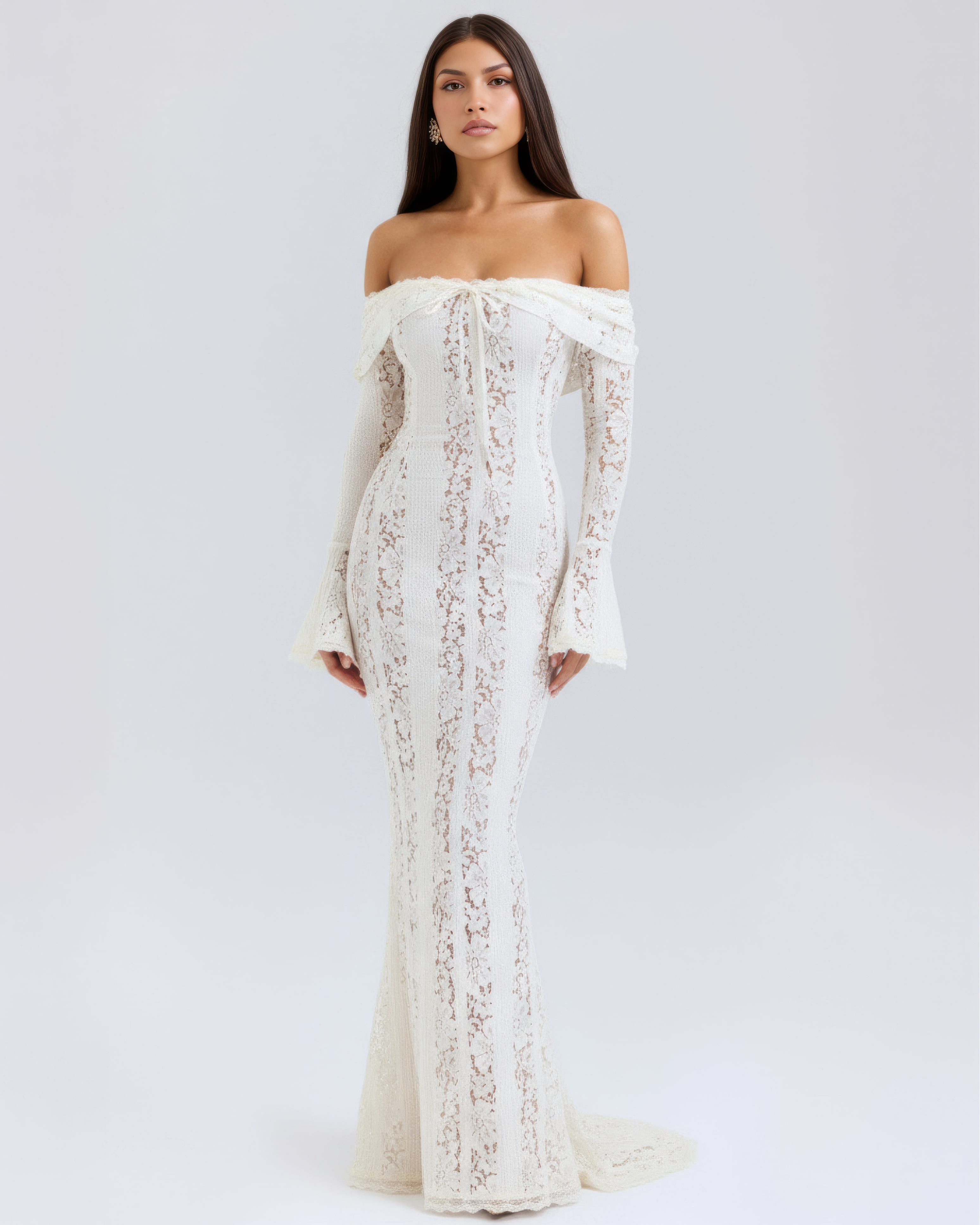 Alessandra White Lace Maxi Dress with Off-Shoulder Neckline & Sweeping Godet