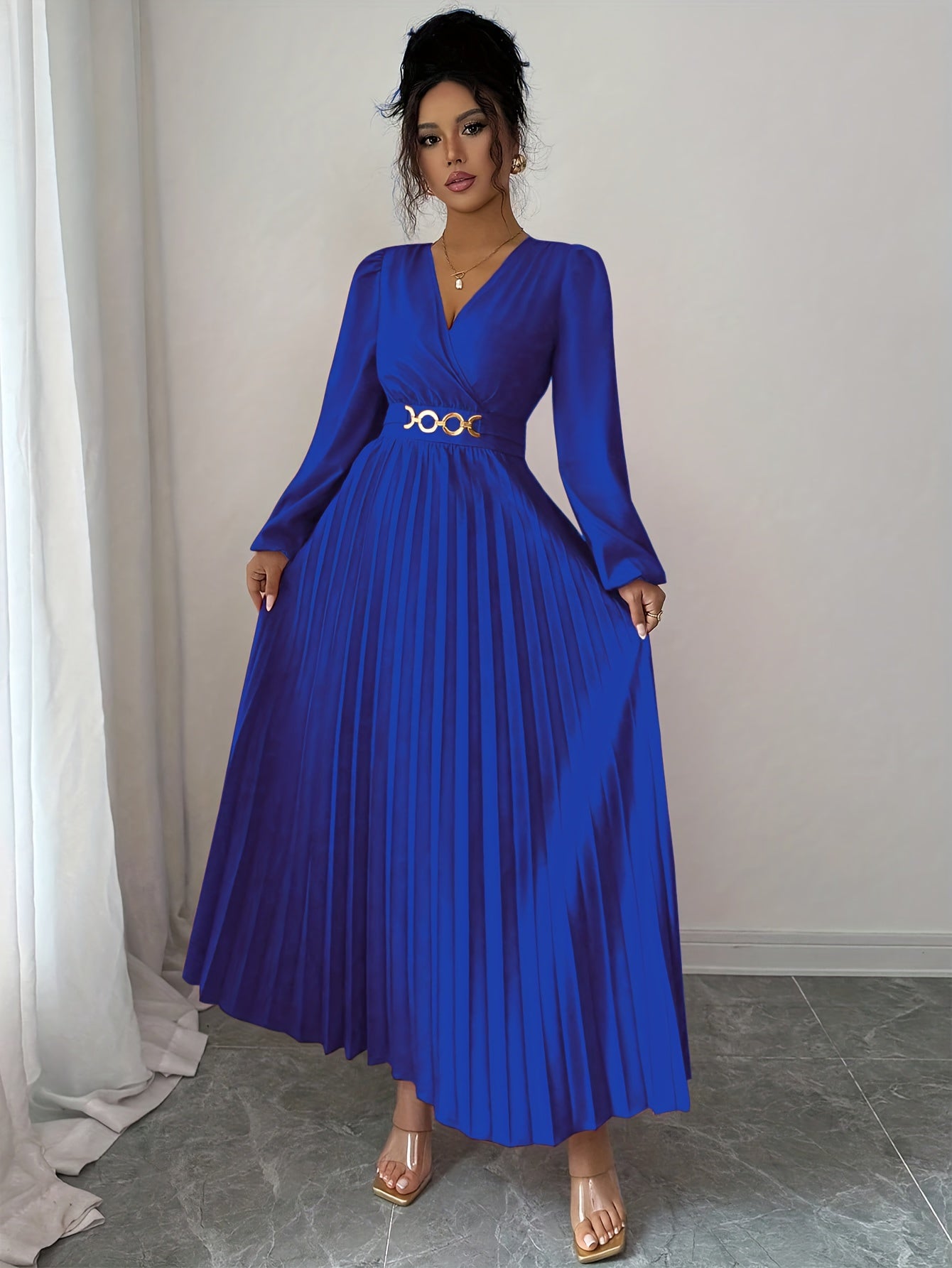 Vellamira™ | Metallic V-Neck Puff-Sleeve Evening Gown