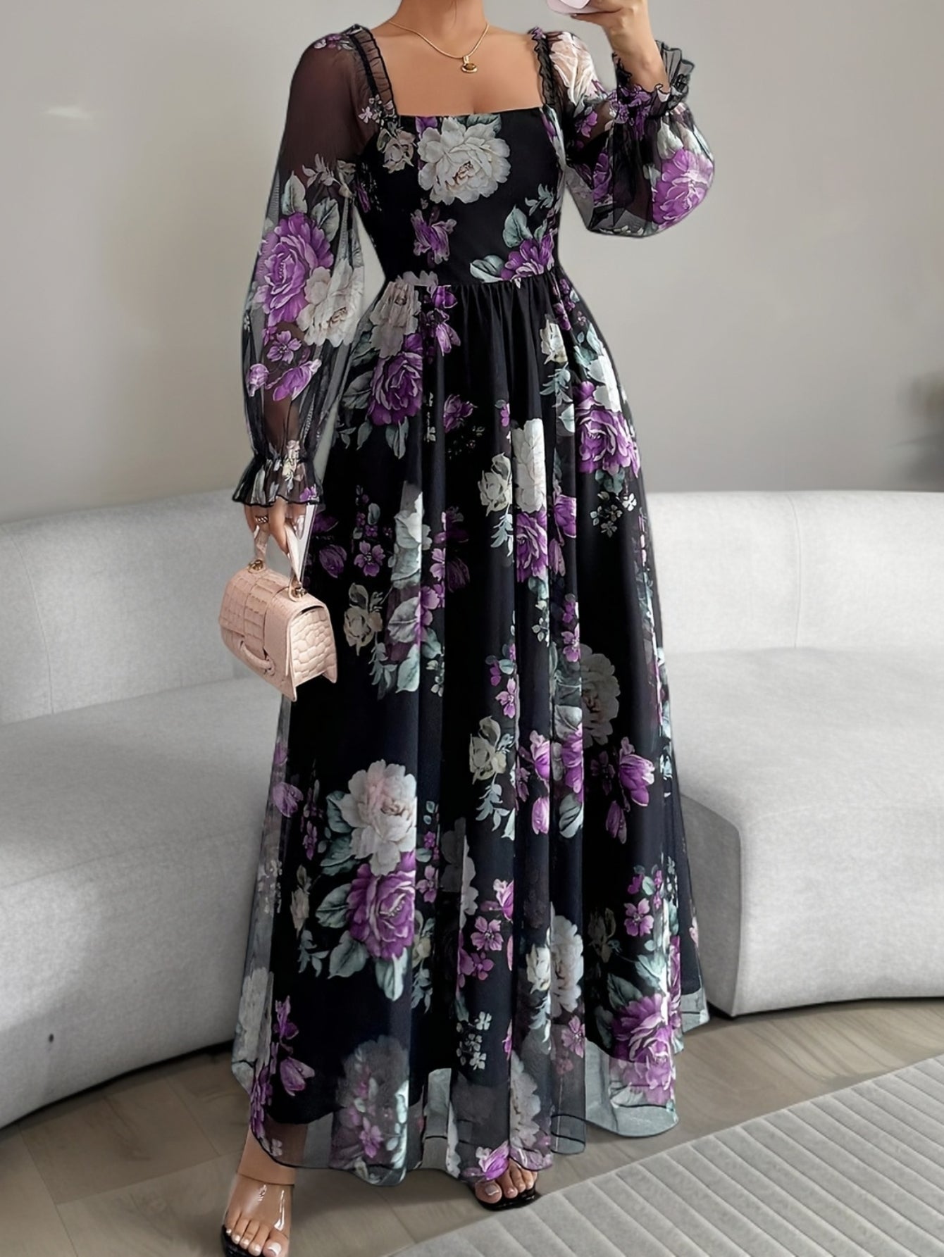 FloraNero™ | Square-Neck Puff-Sleeve Floral A-Line Dress