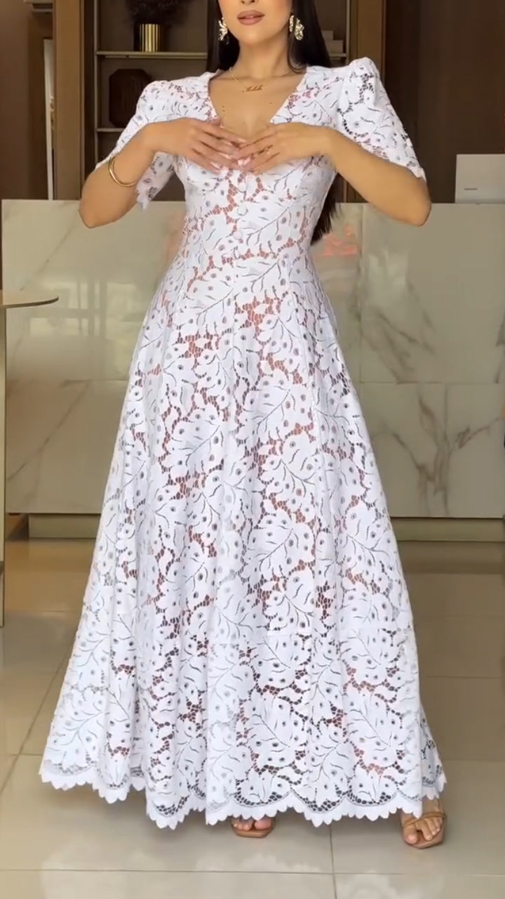 Solénna™ | Elegant V-Neck Hollow Print Dress
