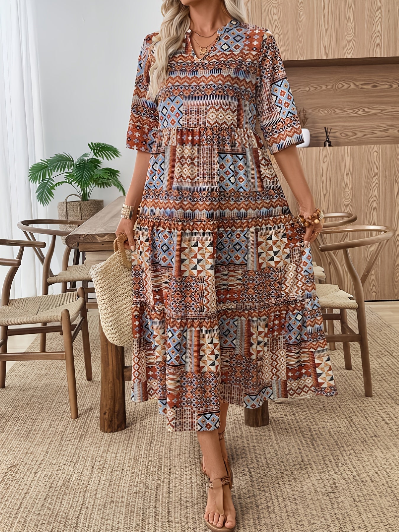 GeoBoheme™ | Long-Sleeve A-Line Maxi Dress with Geometric Print