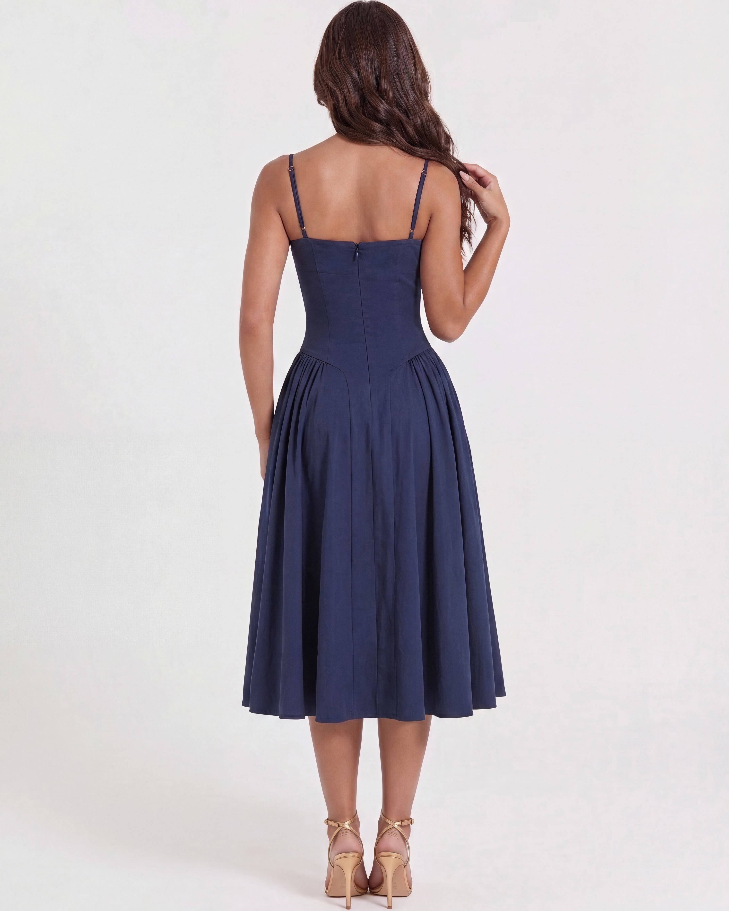 Francesca Navy Blue Midi Dress with Sweetheart Neckline and Hidden Pockets