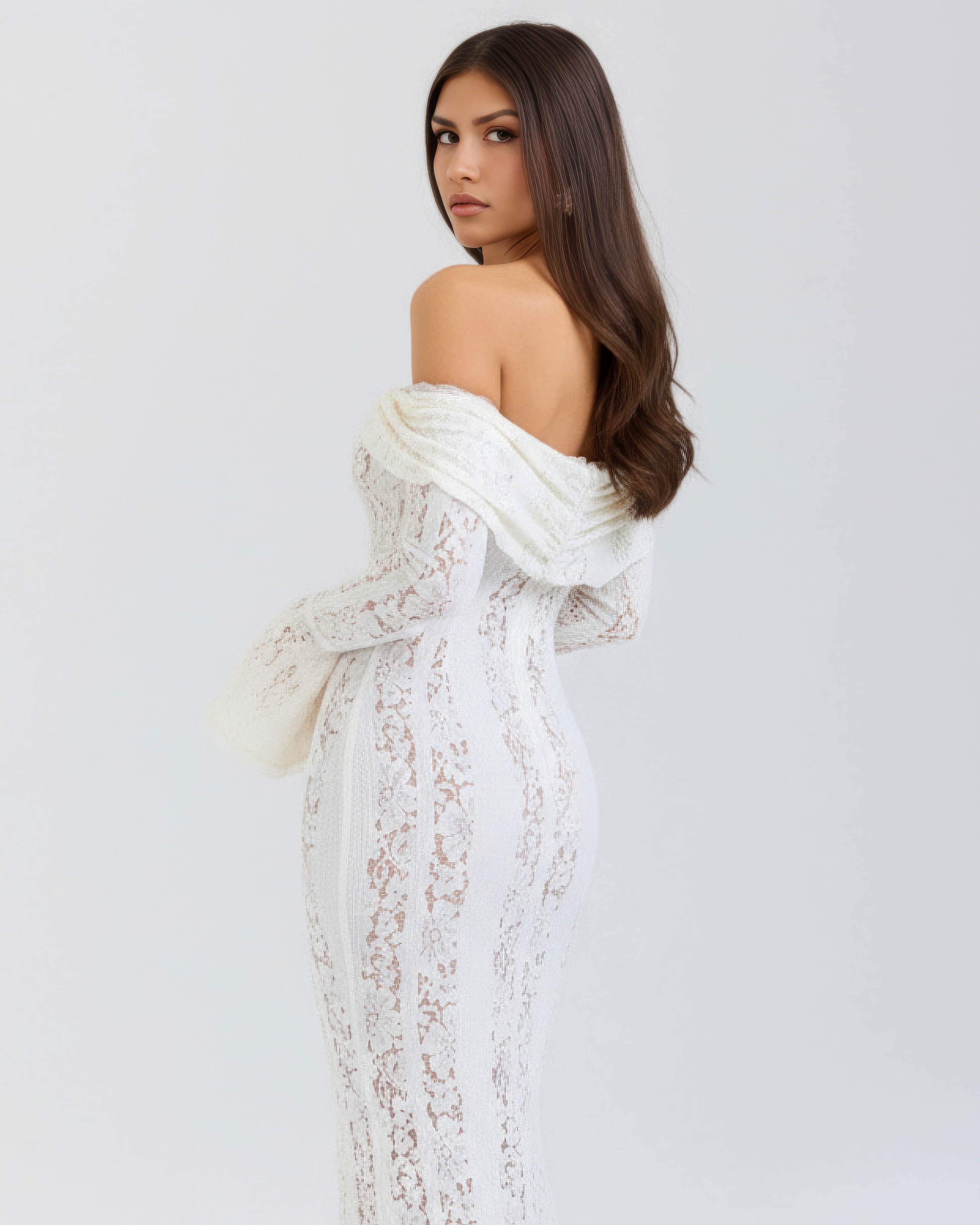 Alessandra White Lace Maxi Dress with Off-Shoulder Neckline & Sweeping Godet