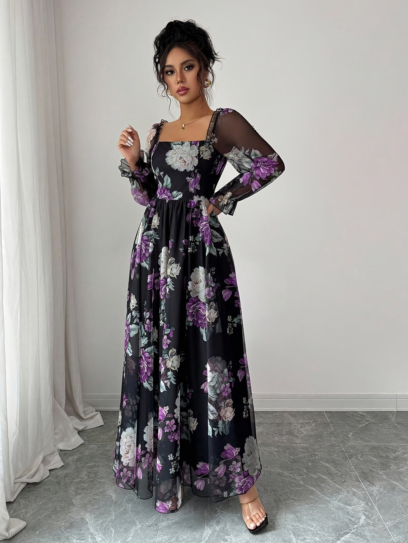 FloraNero™ | Square-Neck Puff-Sleeve Floral A-Line Dress