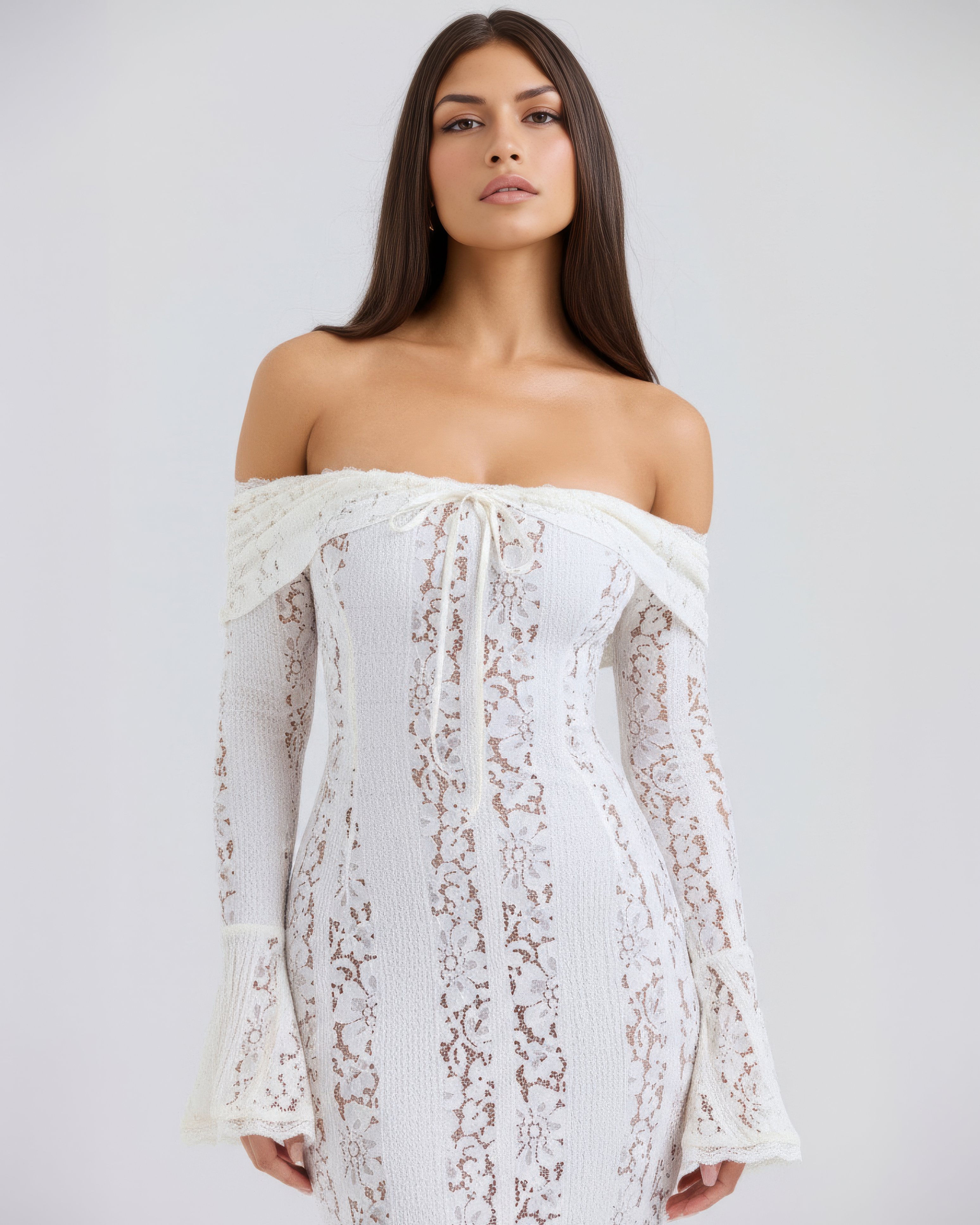 Alessandra White Lace Maxi Dress with Off-Shoulder Neckline & Sweeping Godet