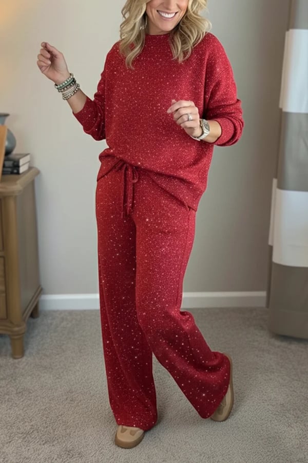 Viviana™ | Shimmer Round-Neck Solid-Color Casual Set