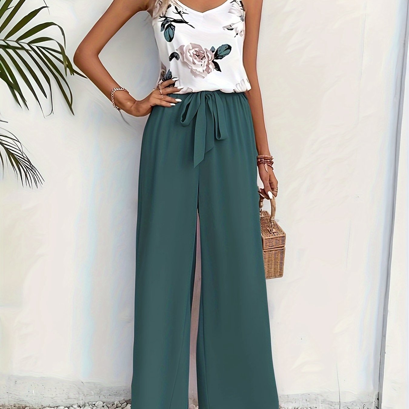 Camibelle™ | Printed Camisole & Solid Pants Set with Bow Belt