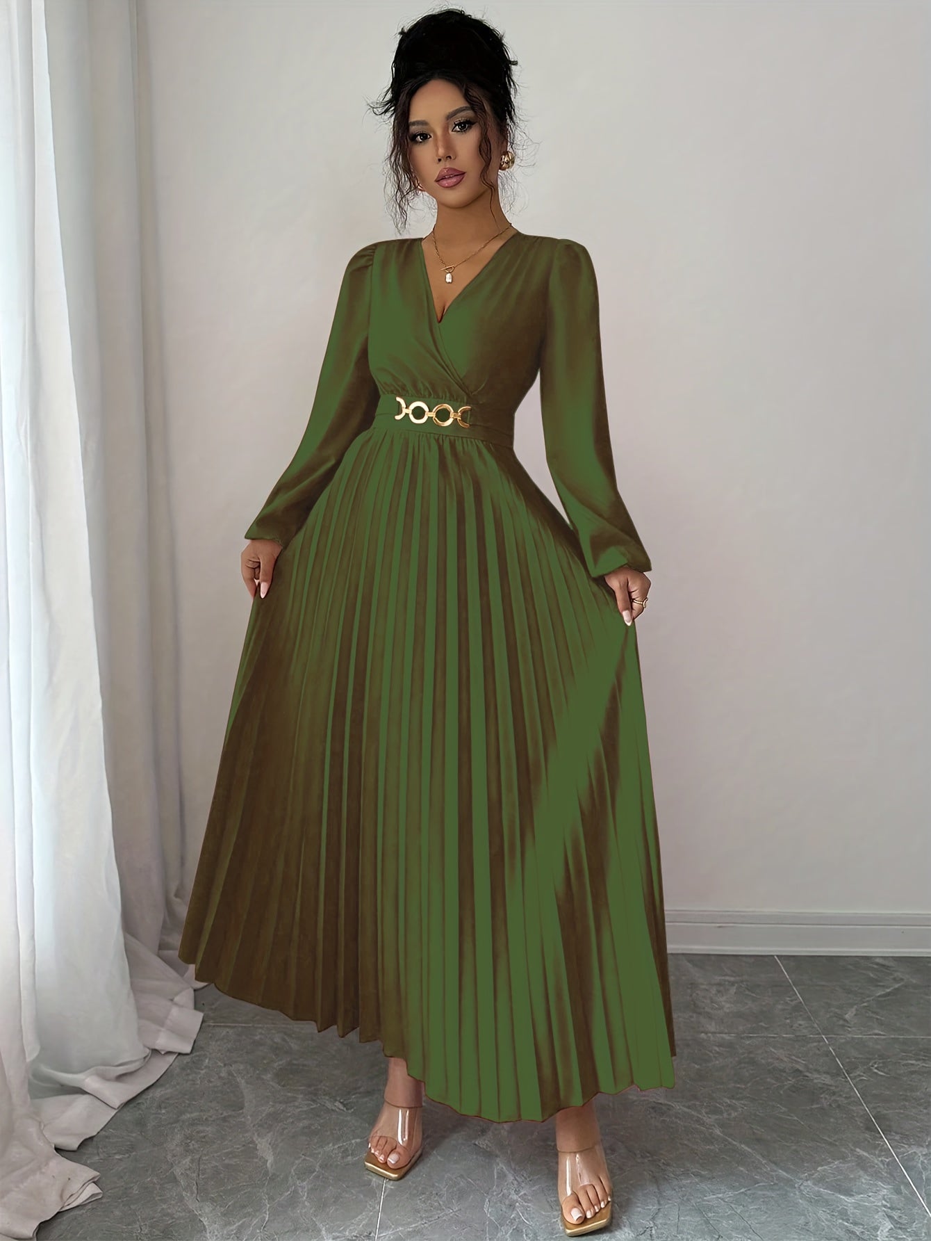Vellamira™ | Metallic V-Neck Puff-Sleeve Evening Gown