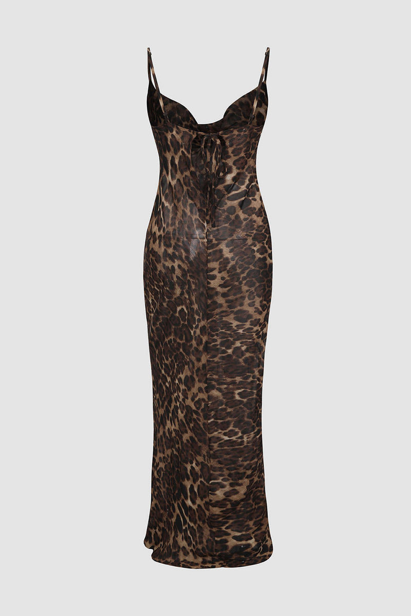Leopard Print Sheer Draped Maxi Dress details