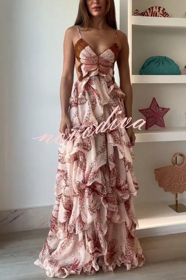 Ariae™ | Butterfly Print Ruffled Backless Tie-Up Maxi Dress