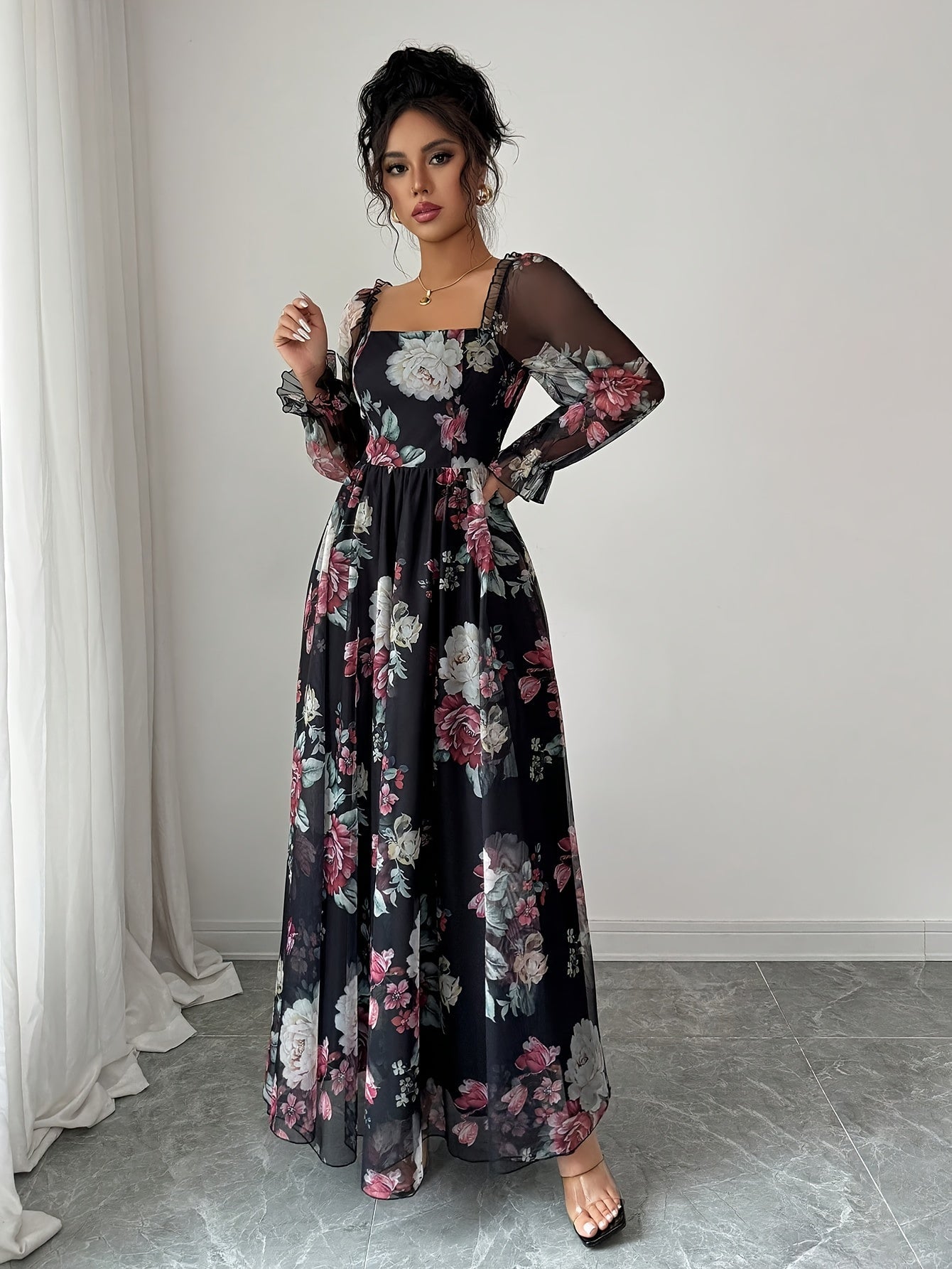 FloraNero™ | Square-Neck Puff-Sleeve Floral A-Line Dress
