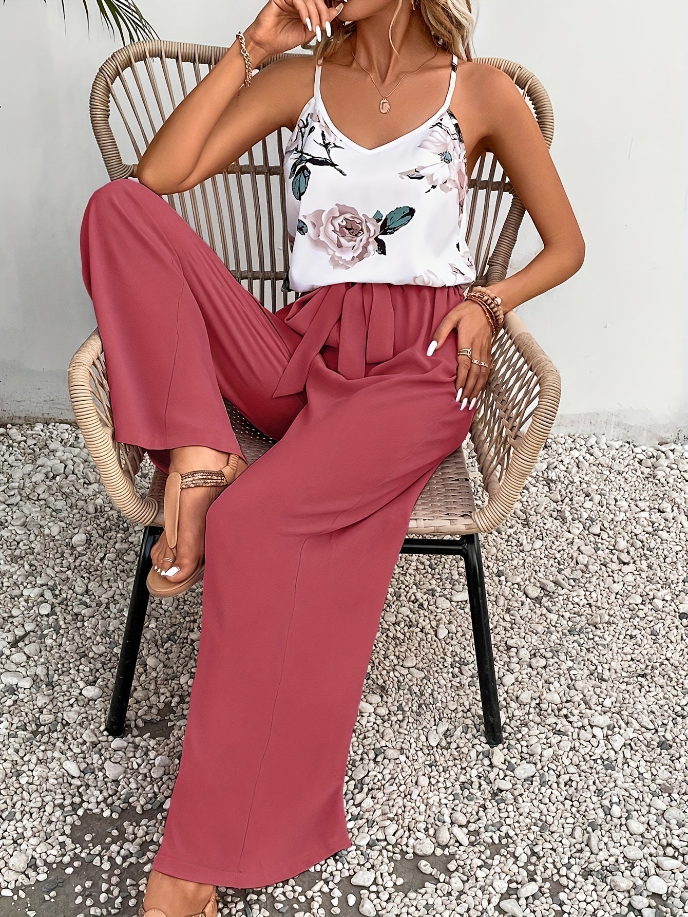 Camibelle™ | Printed Camisole & Solid Pants Set with Bow Belt