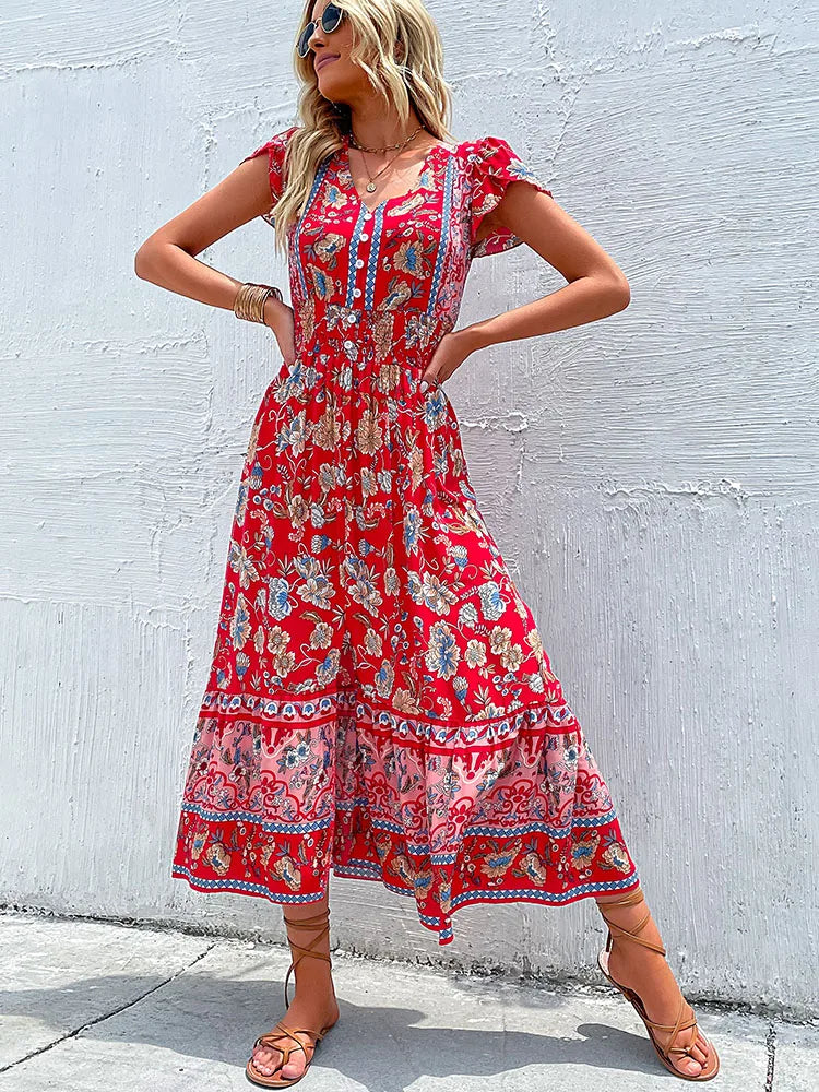 Jim & Nora™ | Vintage Floral Boho Slit Midi Dress