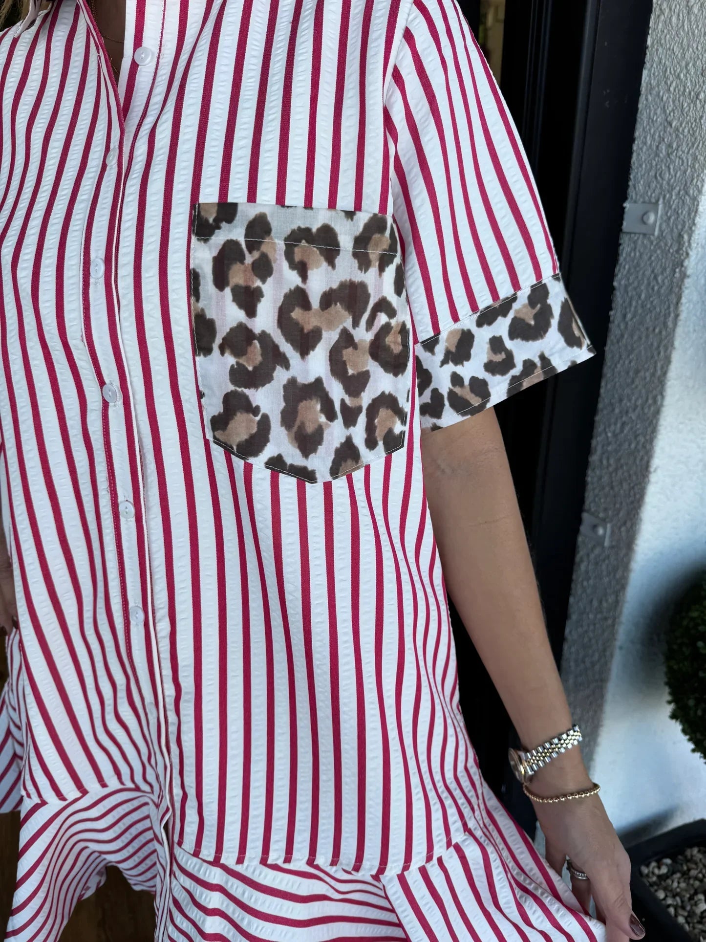 Savara™ | Striped & Animal Print Contrast Button-Down Dress