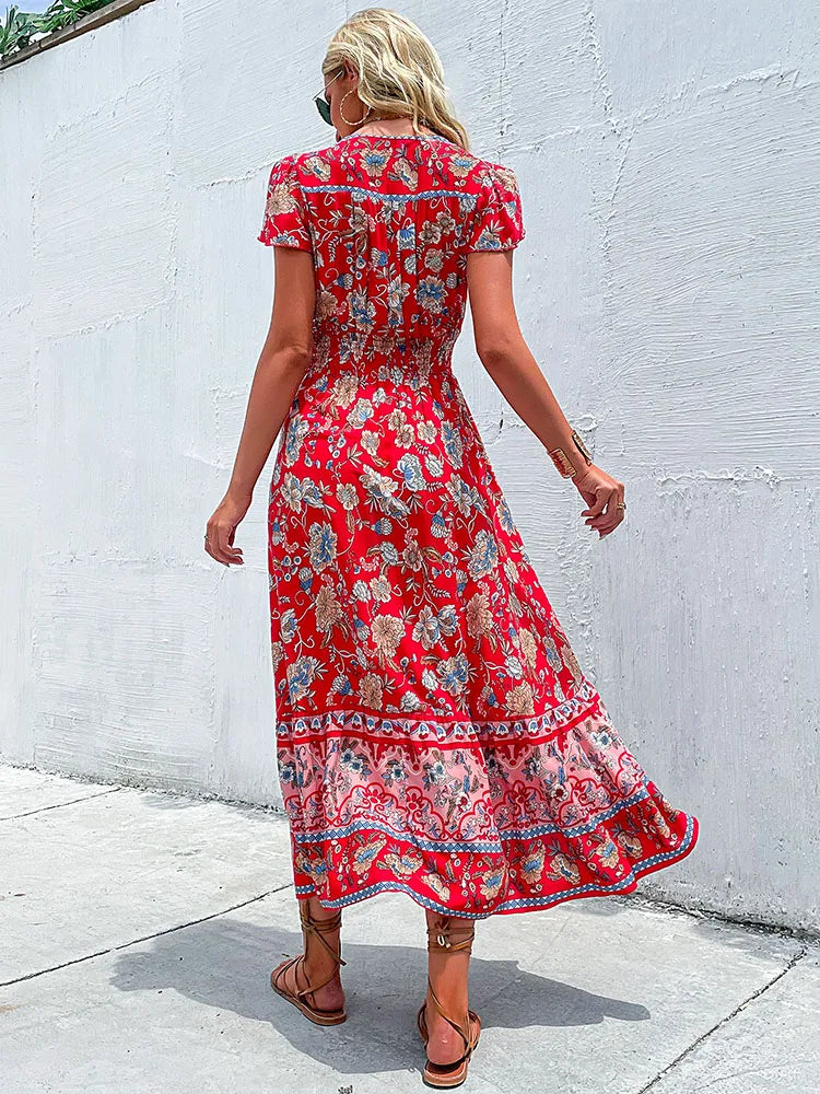 Jim & Nora™ | Vintage Floral Boho Slit Midi Dress