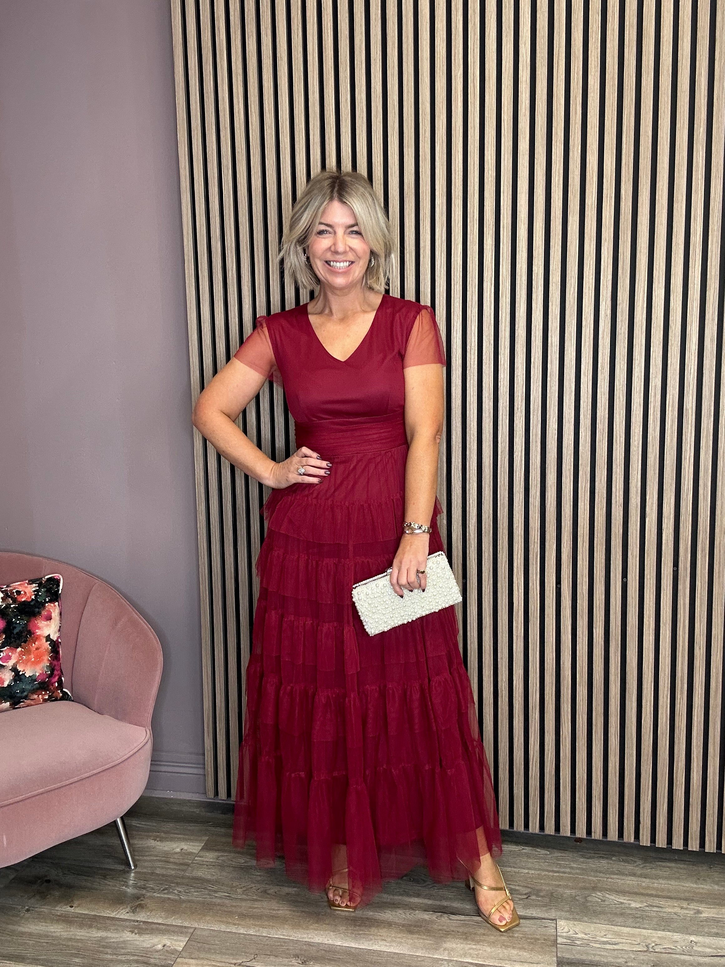 Solara™ | Burgundy Tropical Tulle Maxi Dress