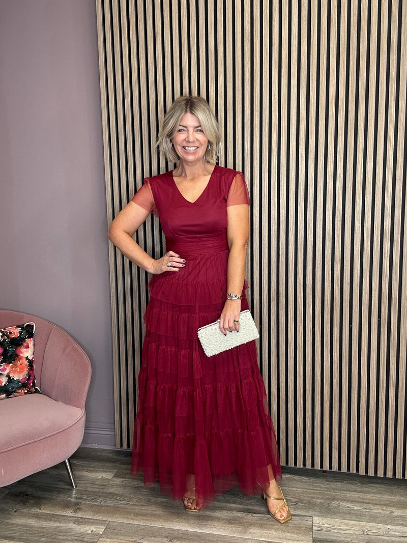 Solara™ | Burgundy Tropical Tulle Maxi Dress details