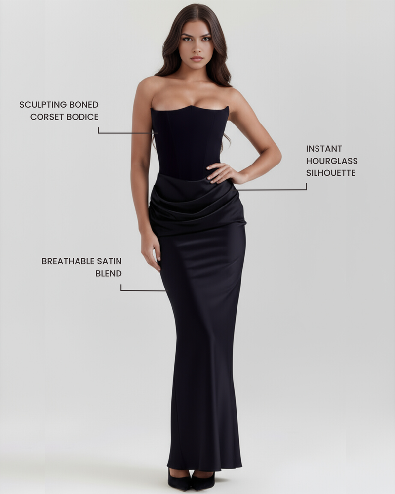 Rosalind Black Maxi Dress with Sculpted Strapless Corset details
