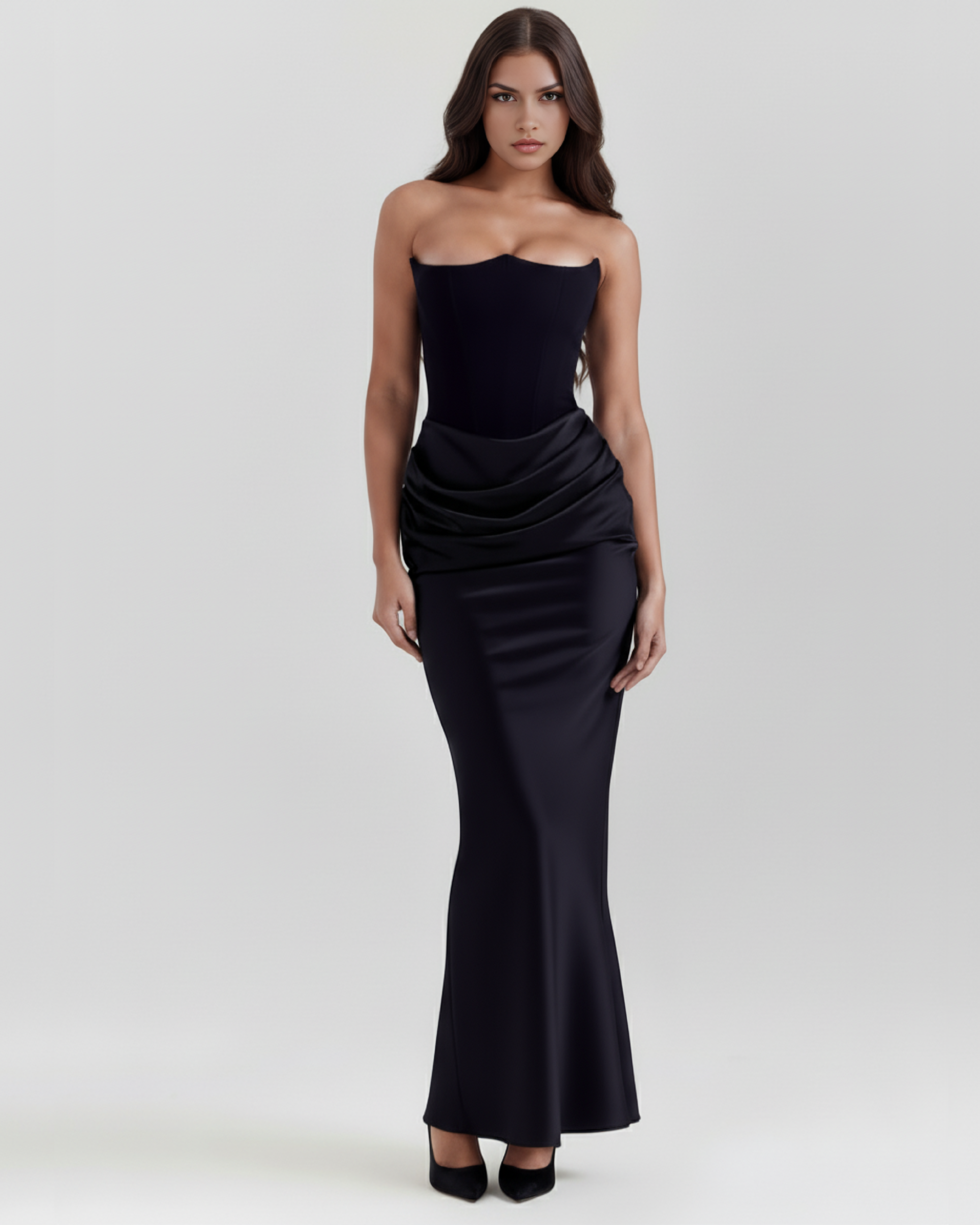 Rosalind Black Maxi Dress with Sculpted Strapless Corset