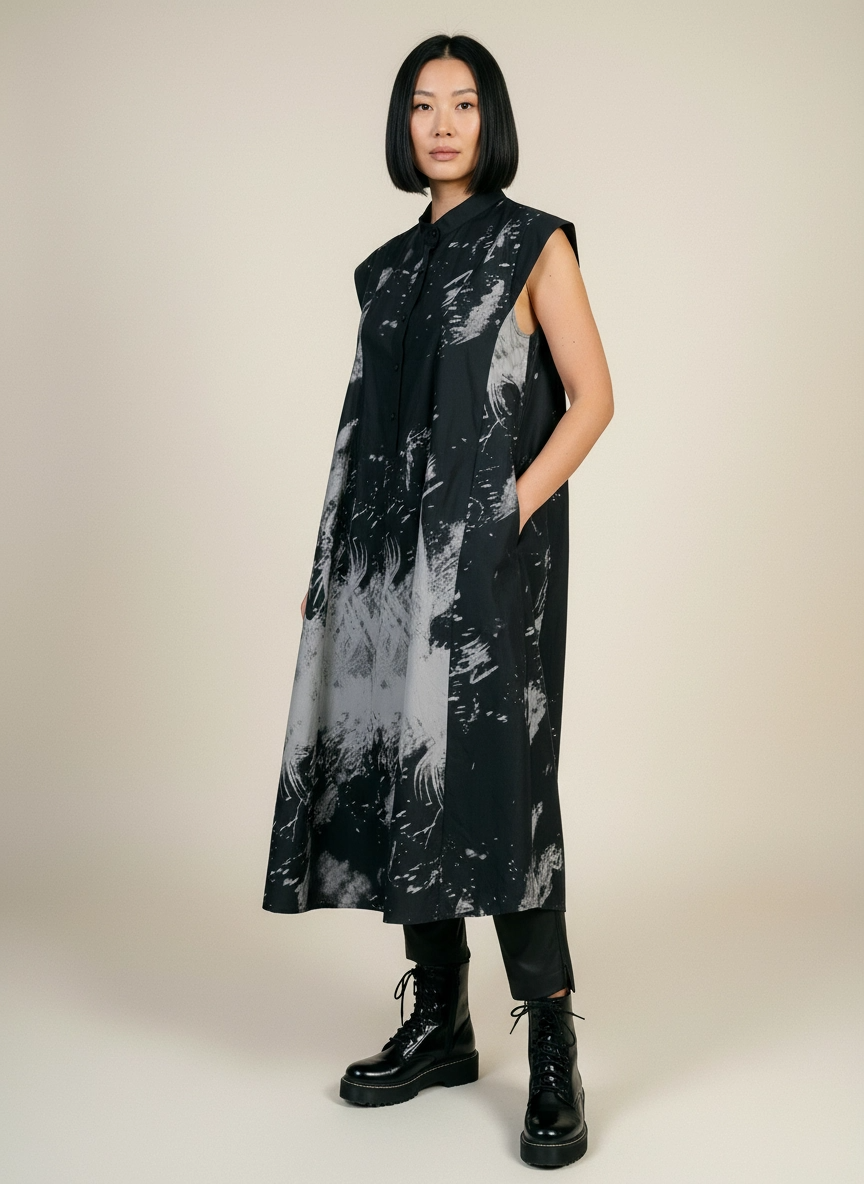 Gothic Sleeveless Tie-Dye Print Dress with Mandarin Collar
