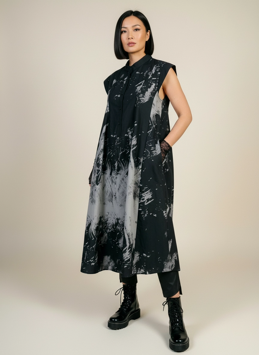 Gothic Sleeveless Tie-Dye Print Dress with Mandarin Collar