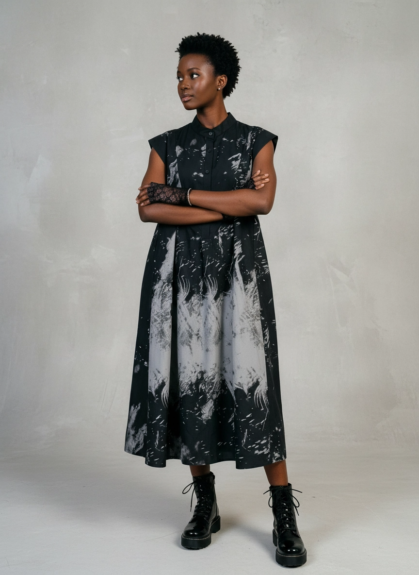 Gothic Sleeveless Tie-Dye Print Dress with Mandarin Collar