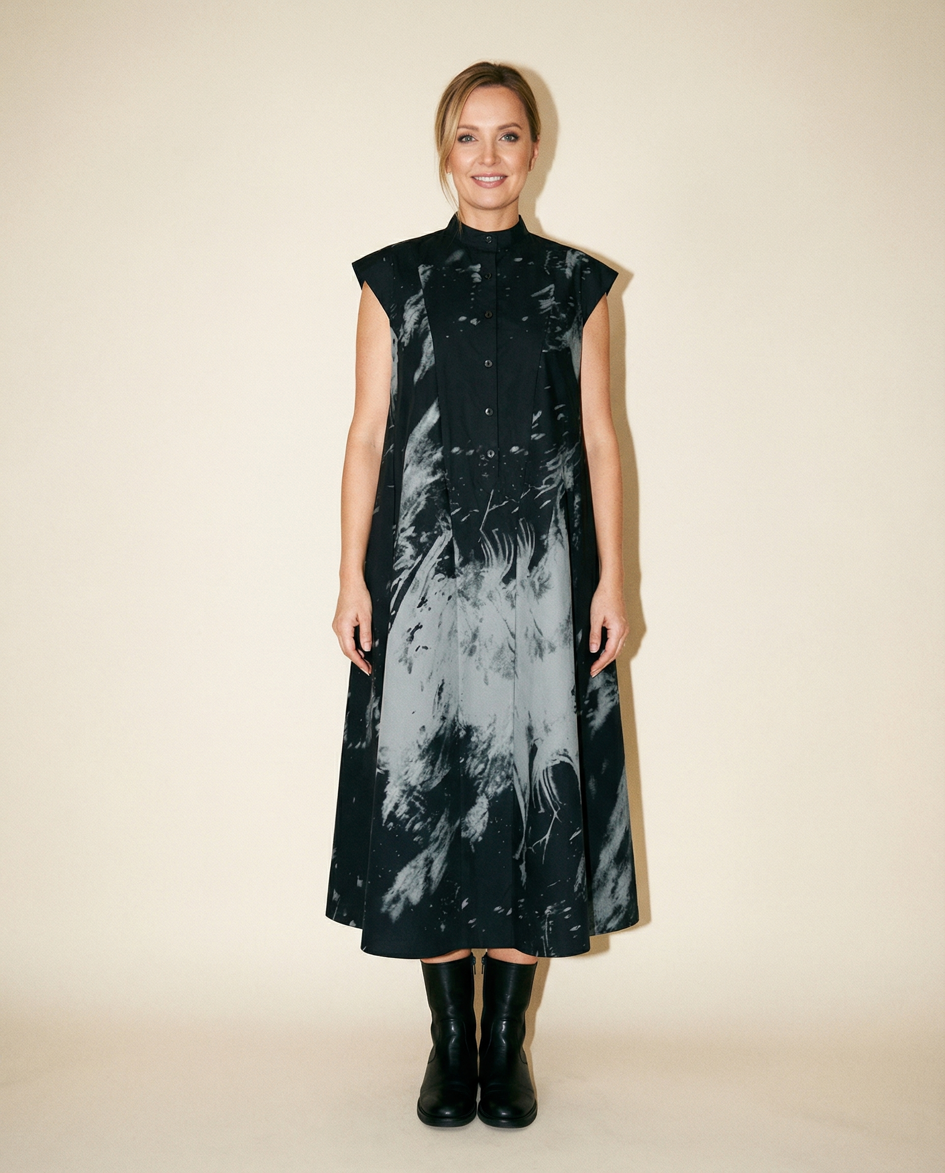 Gothic Sleeveless Tie-Dye Print Dress with Mandarin Collar