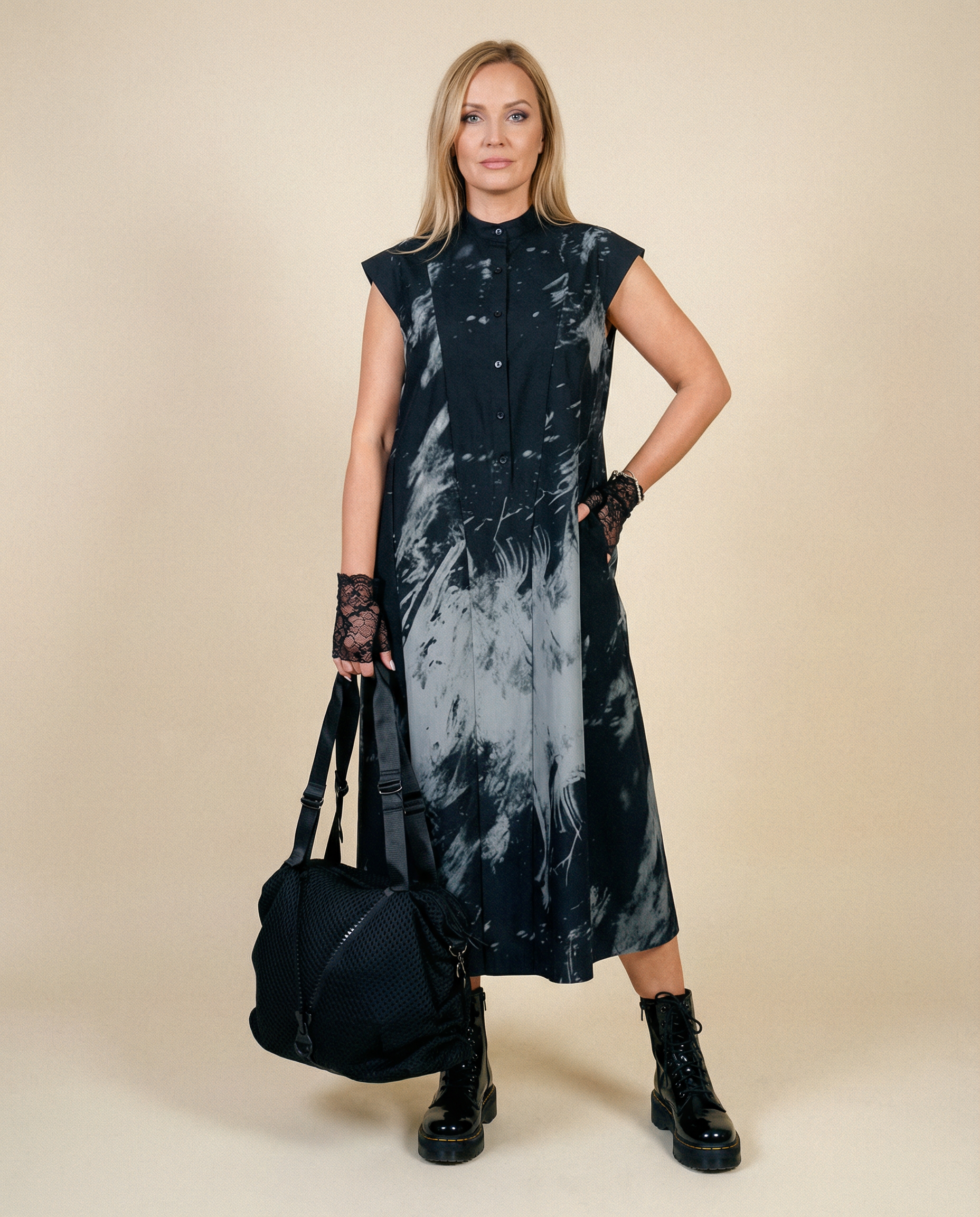 Gothic Sleeveless Tie-Dye Print Dress with Mandarin Collar