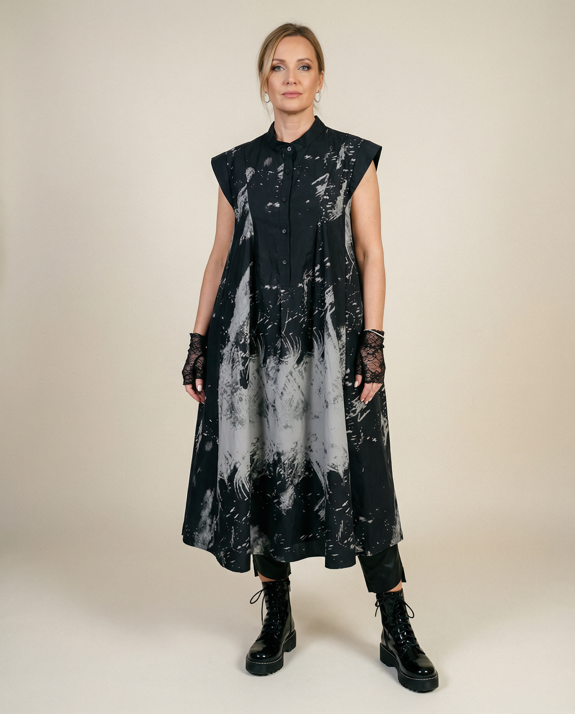 Gothic Sleeveless Tie-Dye Print Dress with Mandarin Collar