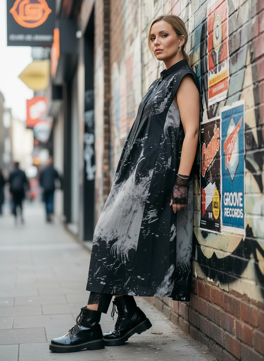 Gothic Sleeveless Tie-Dye Print Dress with Mandarin Collar